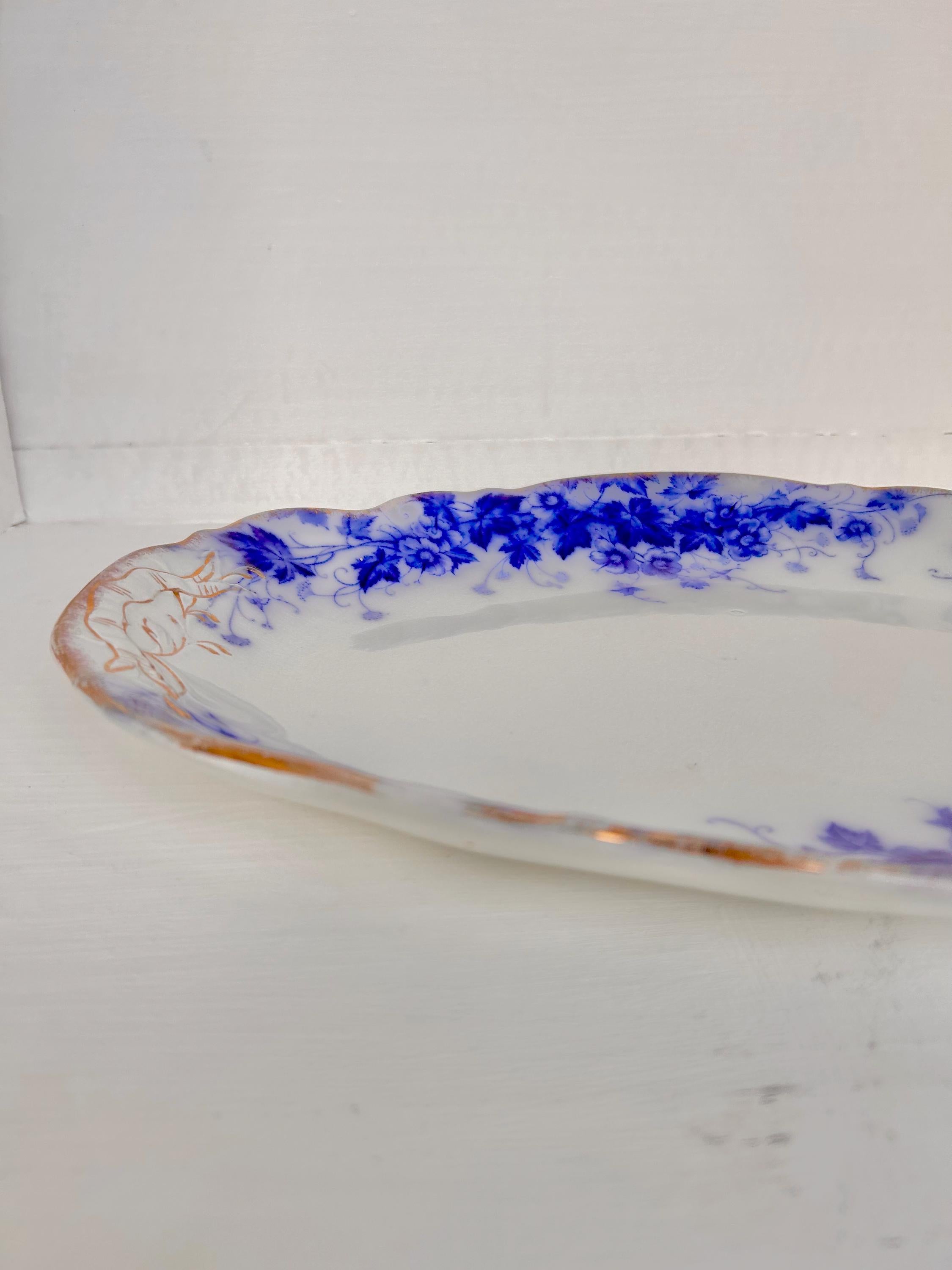 Antique Flow Blue Serving Platter: Royal Semi Porcelain Floral Plate, 14.5"