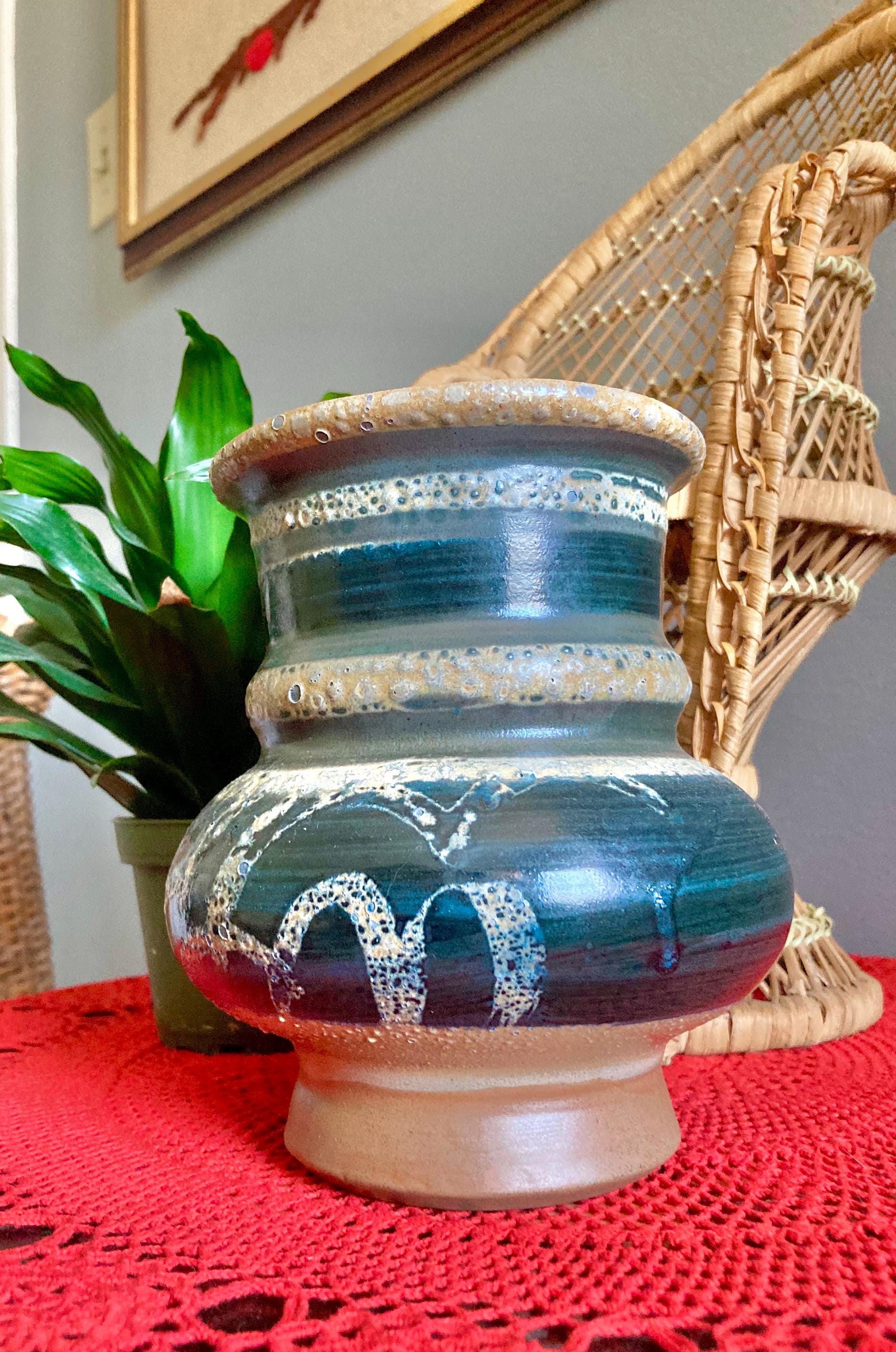 Ceramic Thrown Pottery Vase in Earth tones and a Deep Sea-green Glaze