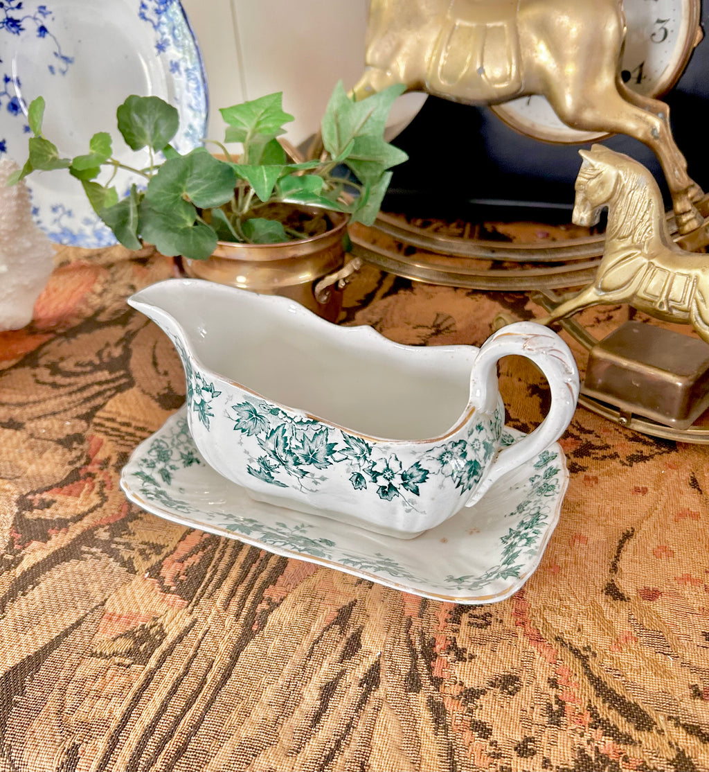 Antique Royal Vitreous Green White Transferware Gravy Boat with Underplate