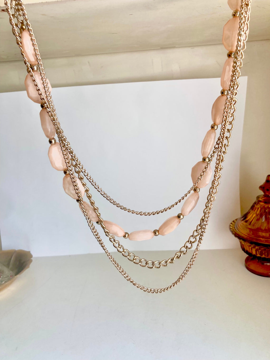 34" vintage Gold Tone Chain and Blush Pink Gem-Cut Beaded 4-Layered Necklace