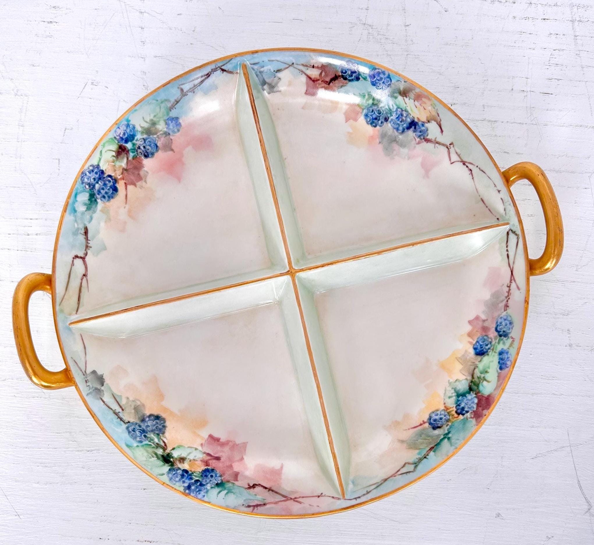 Vintage Noritake Divided Porcelain Dish Hand-painted With Berries