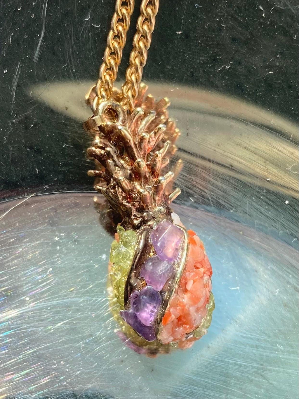 Vintage Semi-precious Stone Encrusted Pineapple Gold-tone Pendant on Long 24-inch gold-tone Chain
