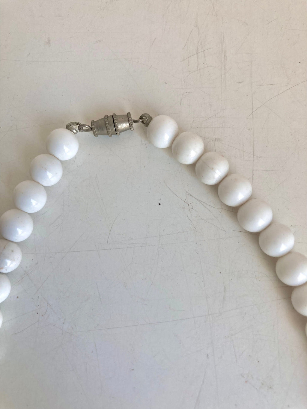 Vintage White & Sky Blue Plastic Beaded Necklace - 18"