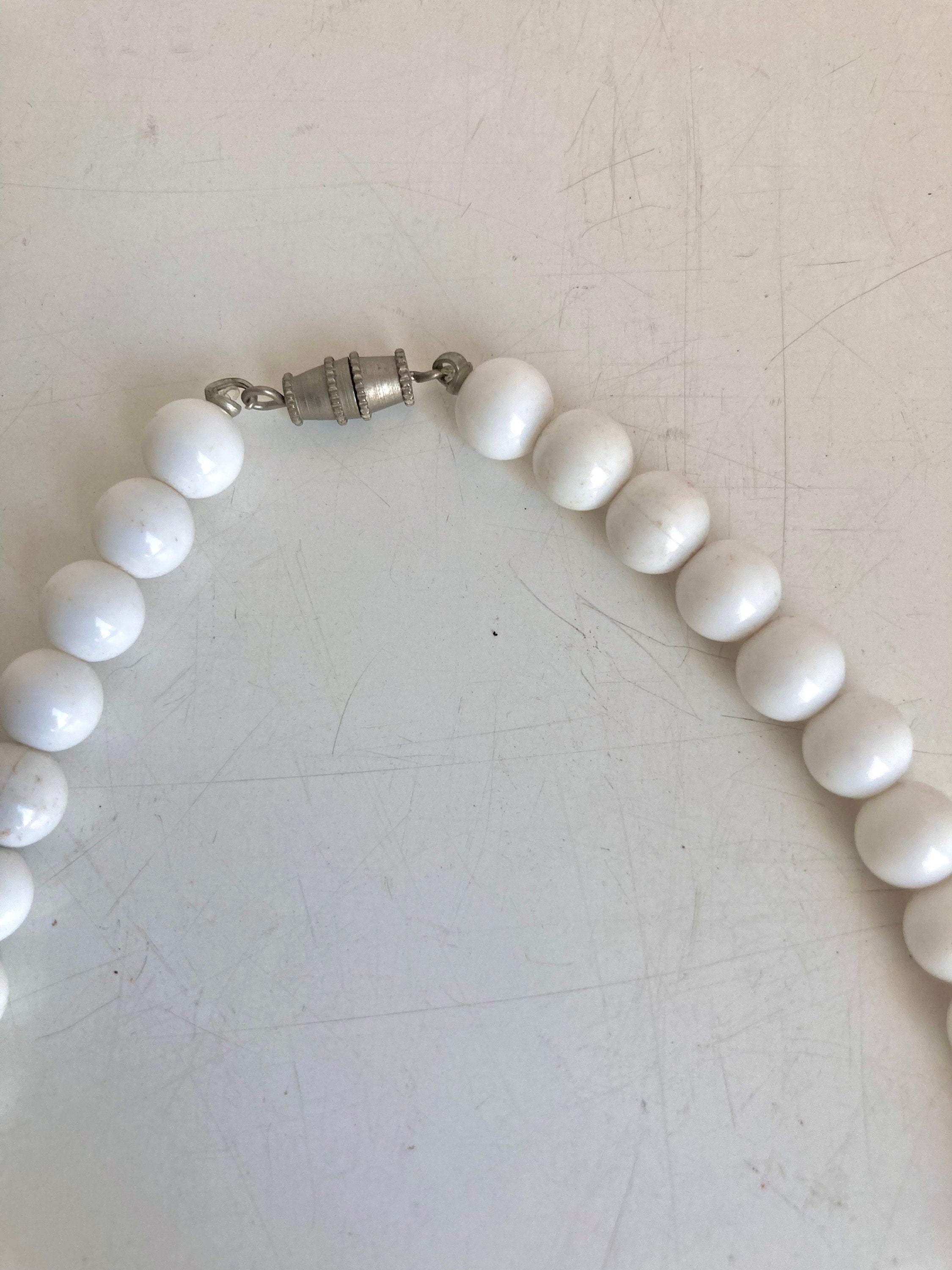Vintage White & Sky Blue Plastic Beaded Necklace - 18"