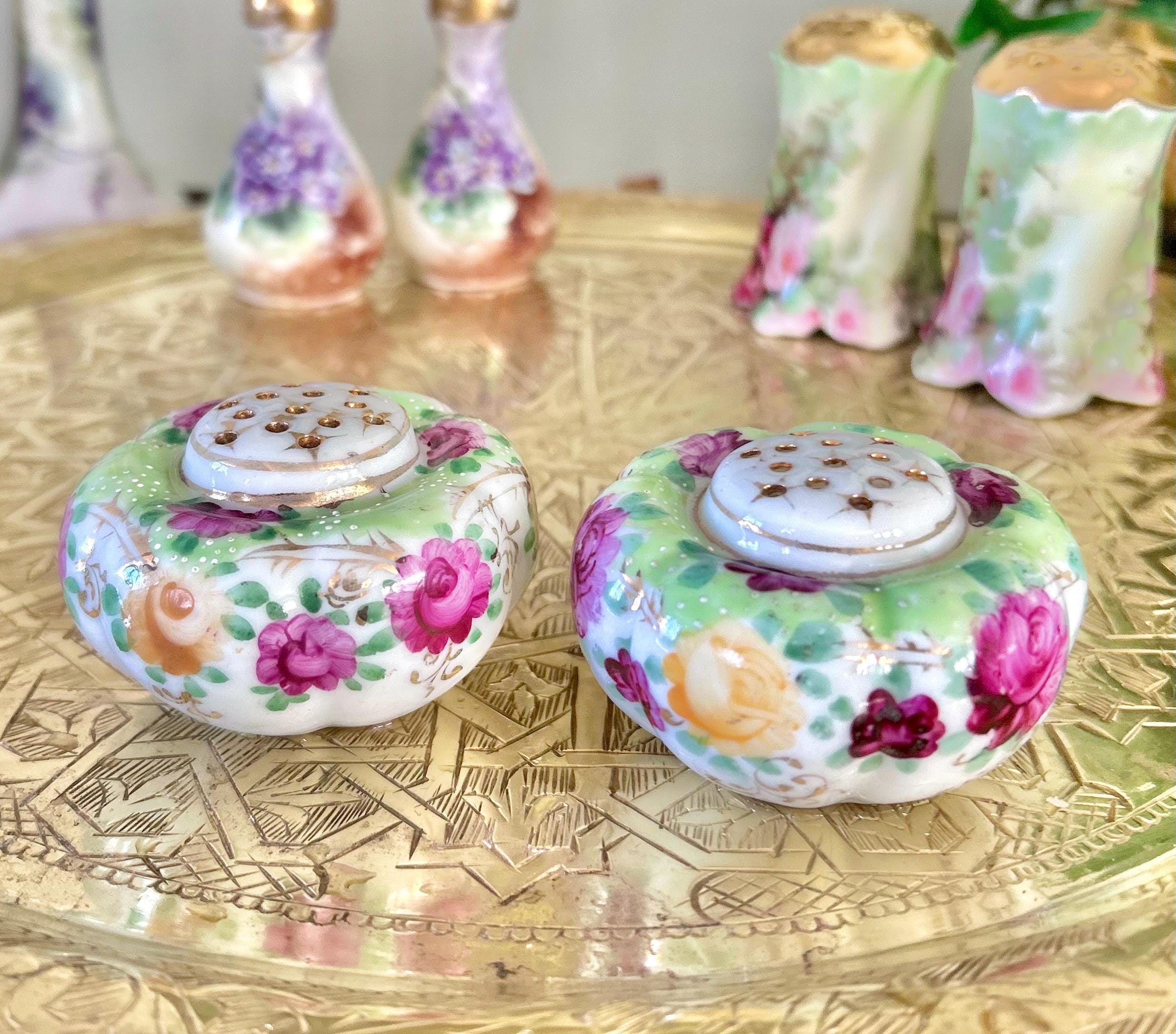 Antique Porcelain Hand-Painted Floral Salt Pepper Shakers - Choose from various pairs