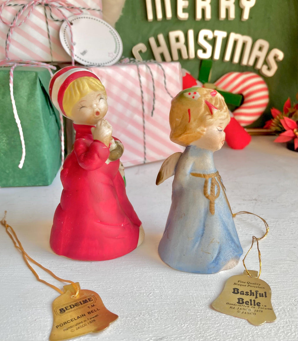 Vintage JASCO Bisque Bell Figurines: Sleepy Girl & Bashful Angel, 1978 Taiwan