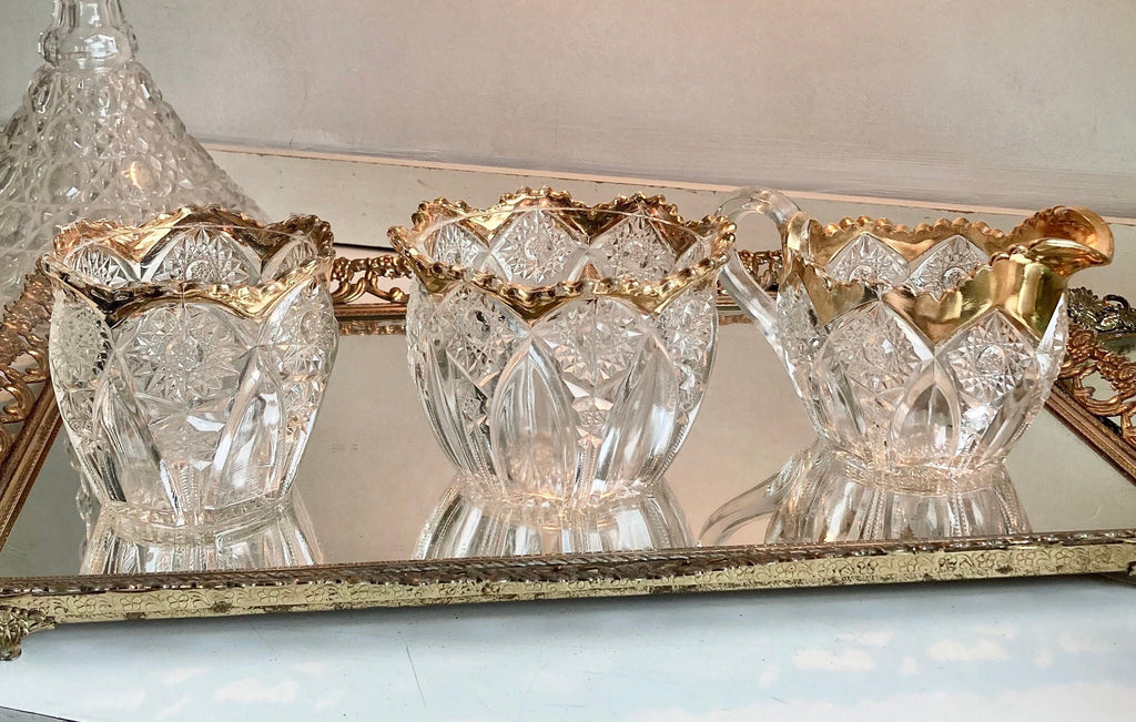 Vintage EAPG Gold Rim Glass Set: Sawtooth Biscuit Bowl, Sugar Bowl, Creamer