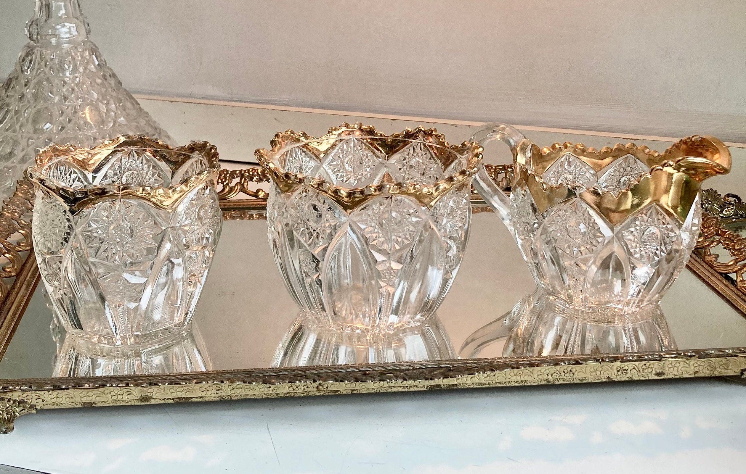 Vintage EAPG Gold Rim Glass Set: Sawtooth Biscuit Bowl, Sugar Bowl, Creamer