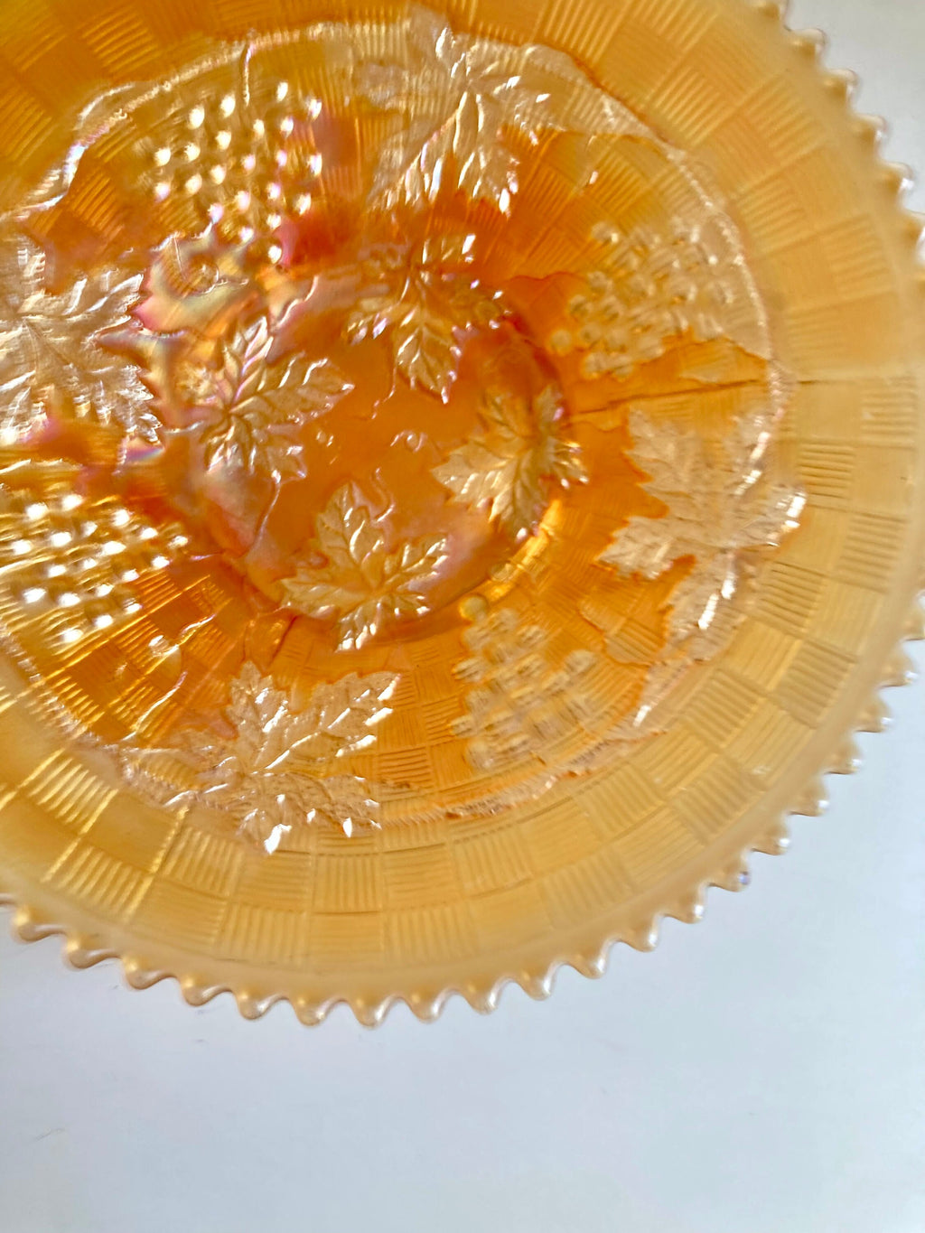 Antique Northwood Grape & Cable Basket weave Marigold Carnival Glass Plate with Sawtooth edge 9”