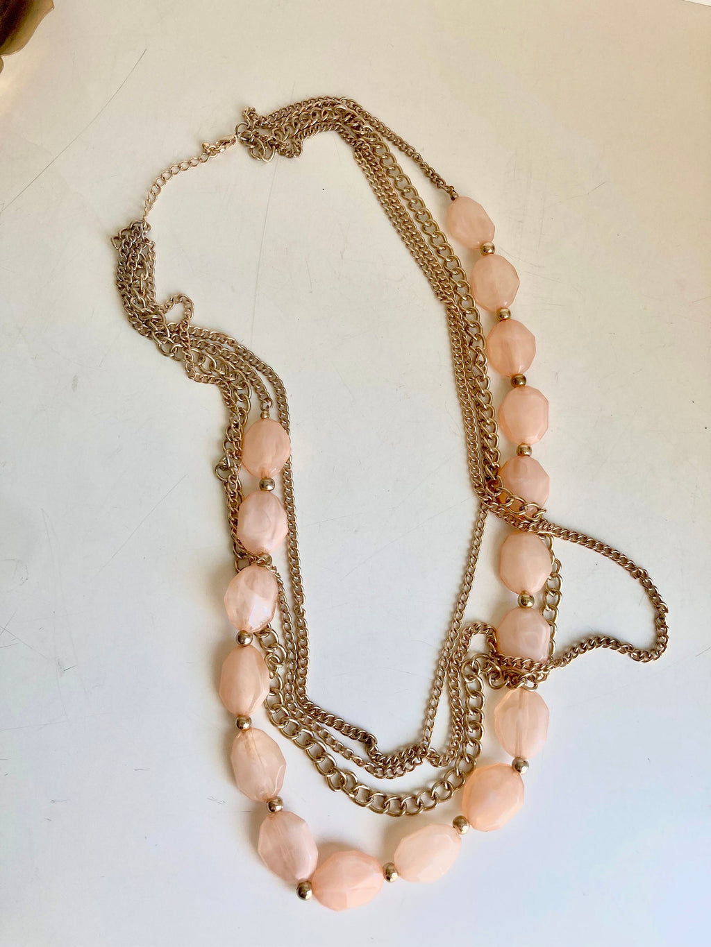 34" vintage Gold Tone Chain and Blush Pink Gem-Cut Beaded 4-Layered Necklace