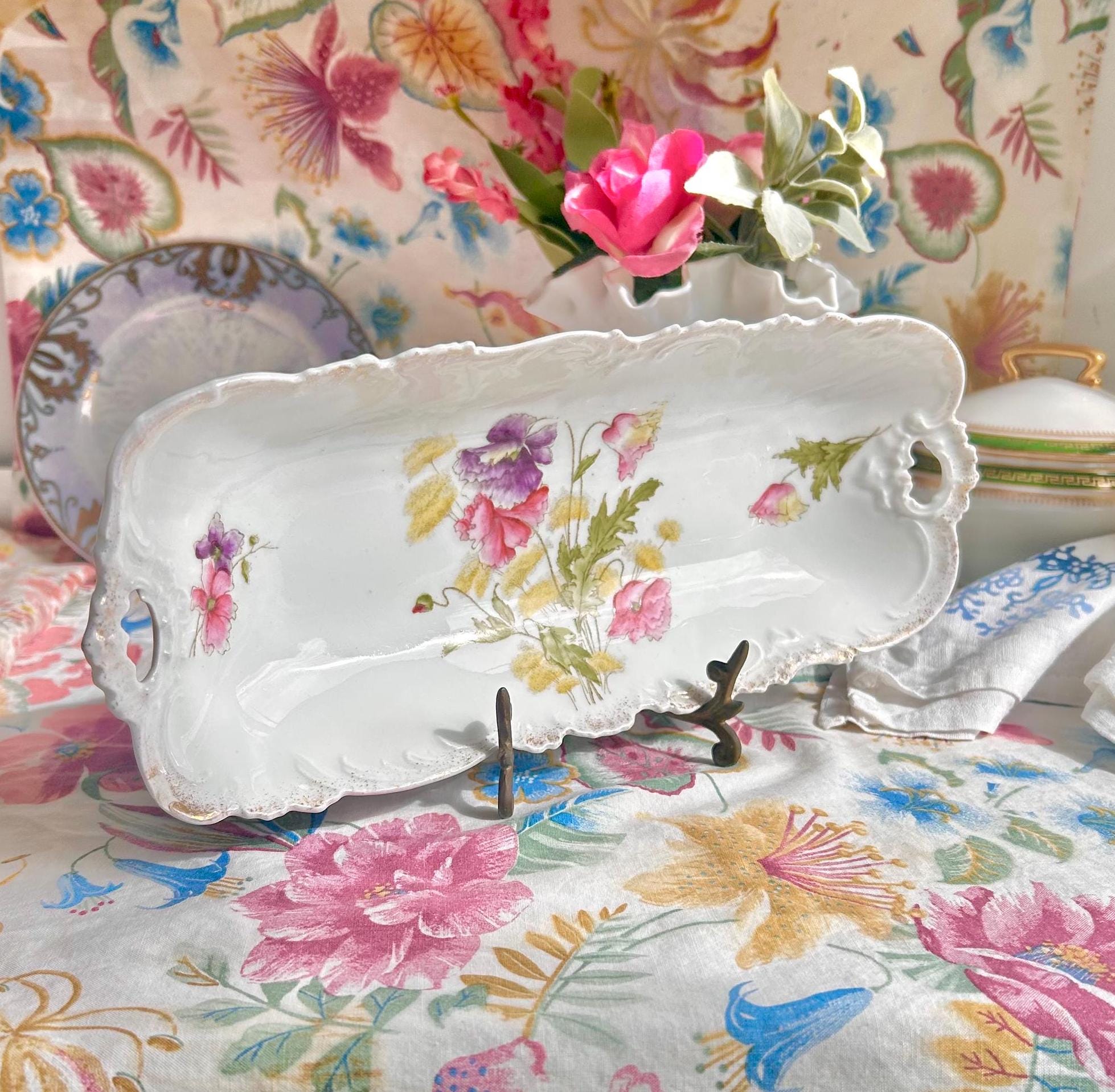 Vintage Porcelain Tray: Pink & Purple Poppies, Gilt Rim, Bavaria Germany