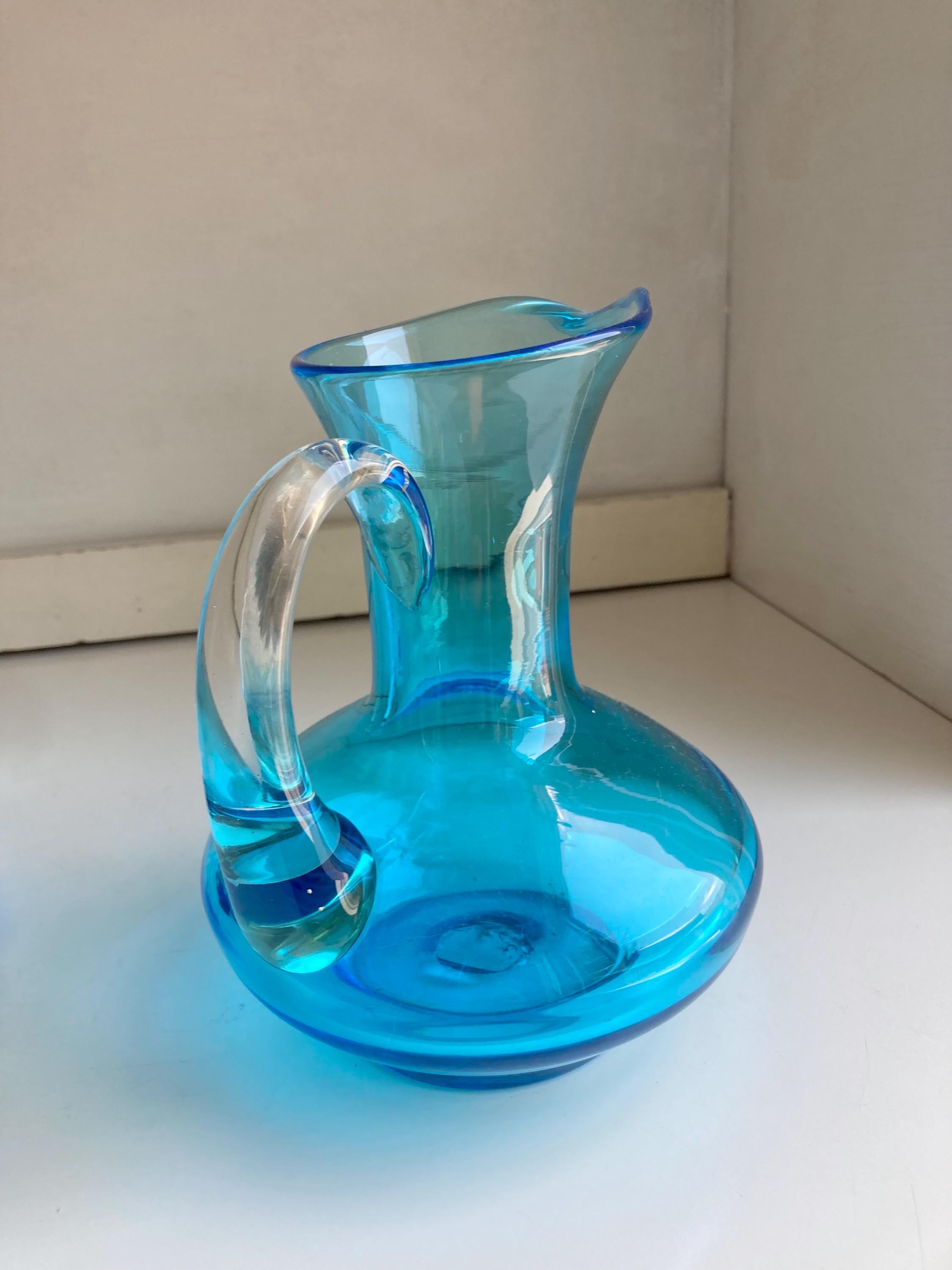 Vintage Blown Blue Glass Pitcher: Applied Clear Handle, Broad Base