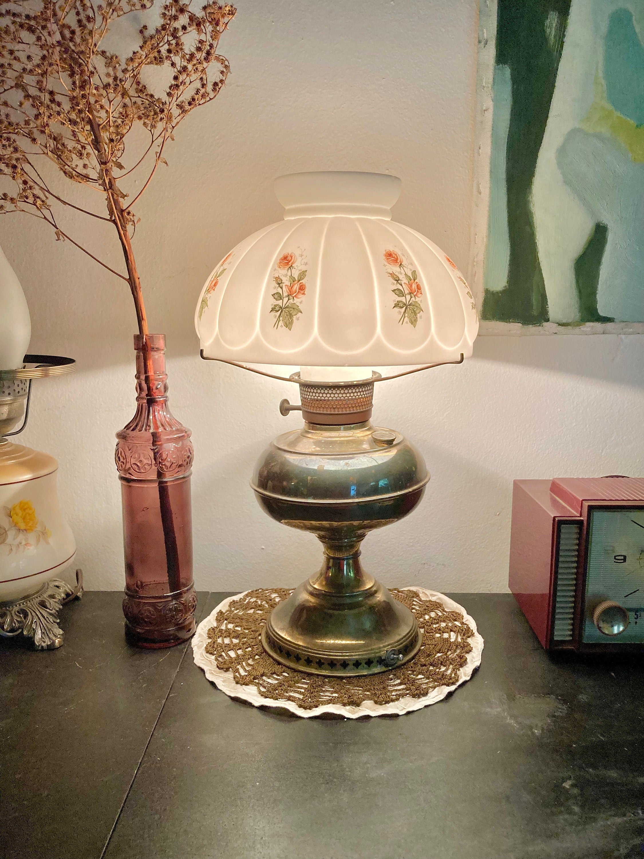 Vintage Converted Brass Oil Boudoir Lamp - Milk Glass Shade with Pink Roses Applique
