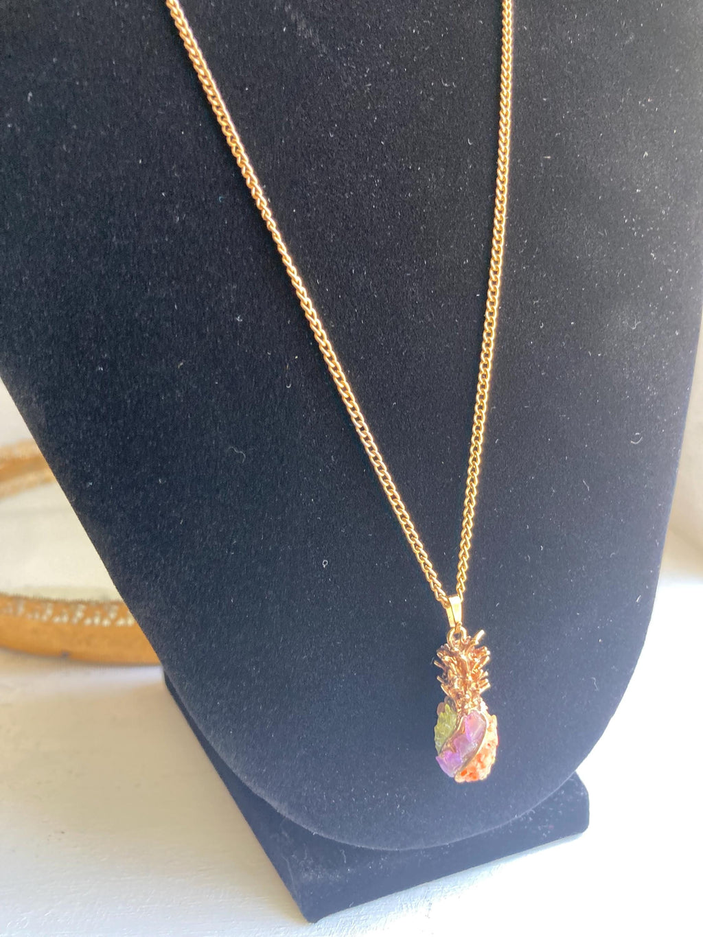 Vintage Semi-precious Stone Encrusted Pineapple Gold-tone Pendant on Long 24-inch gold-tone Chain