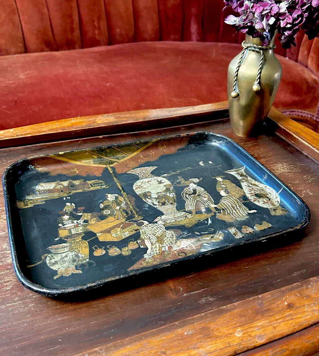 Antique 19th Century English Papier Mache Tray Chinoiserie Motif