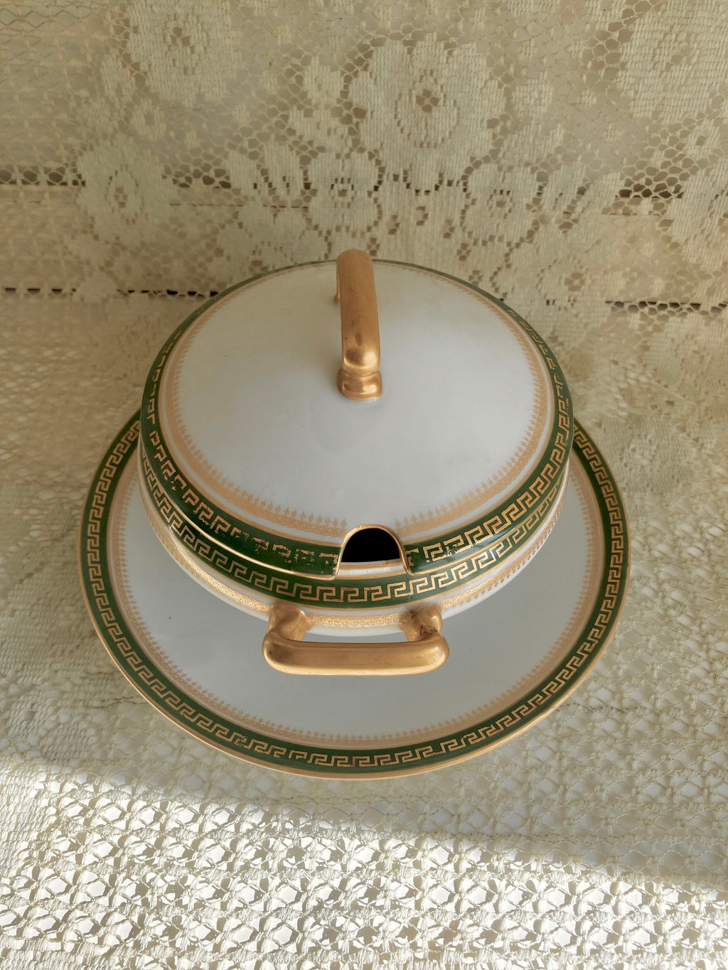 Vintage Porcelain LIMOGES Lidded Tureen with Olive Green and Gold Trim, Gold Handles