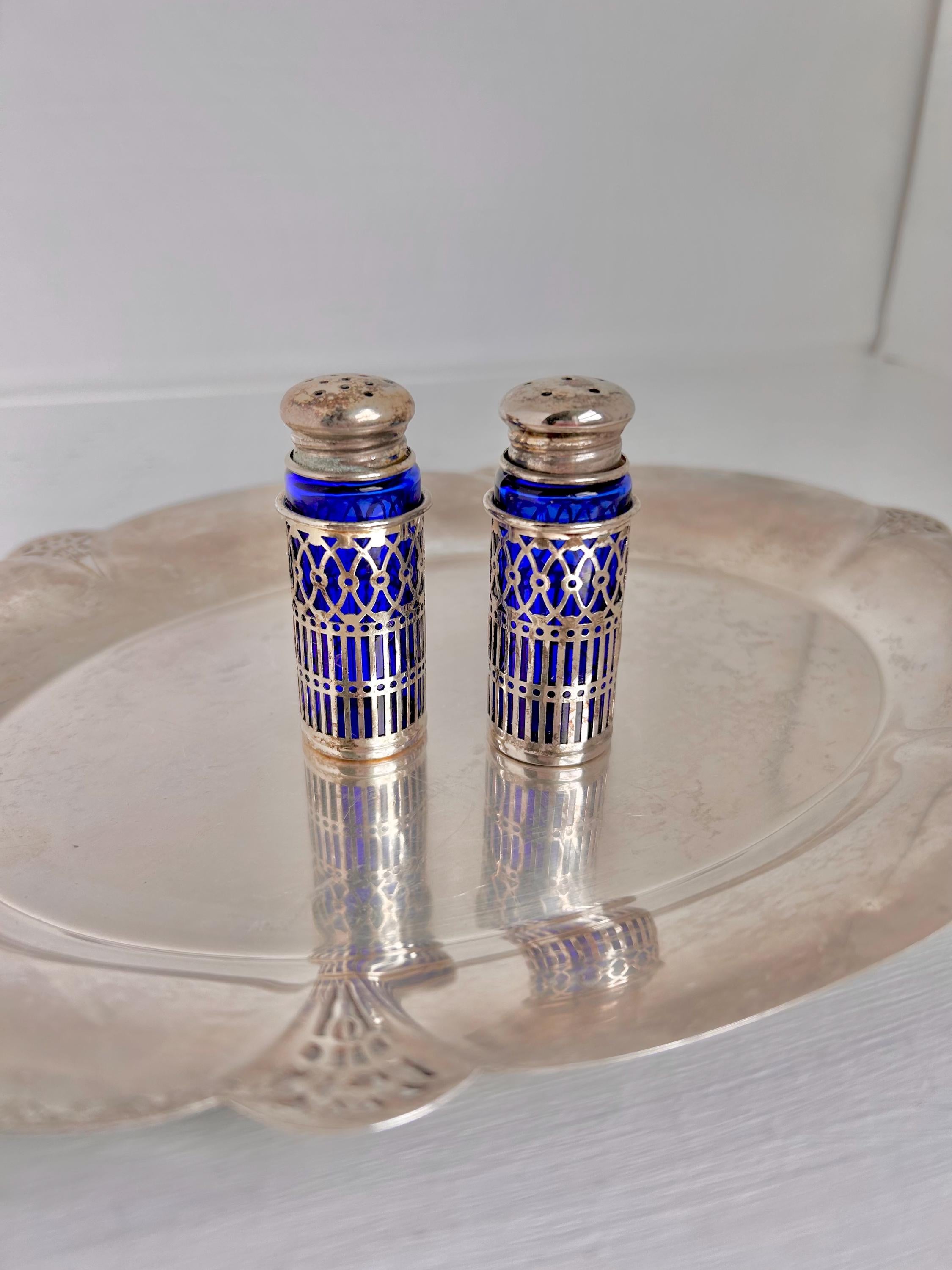 Vintage Cobalt Blue Glass Salt and Pepper Shakers - Silverplate Sleeves