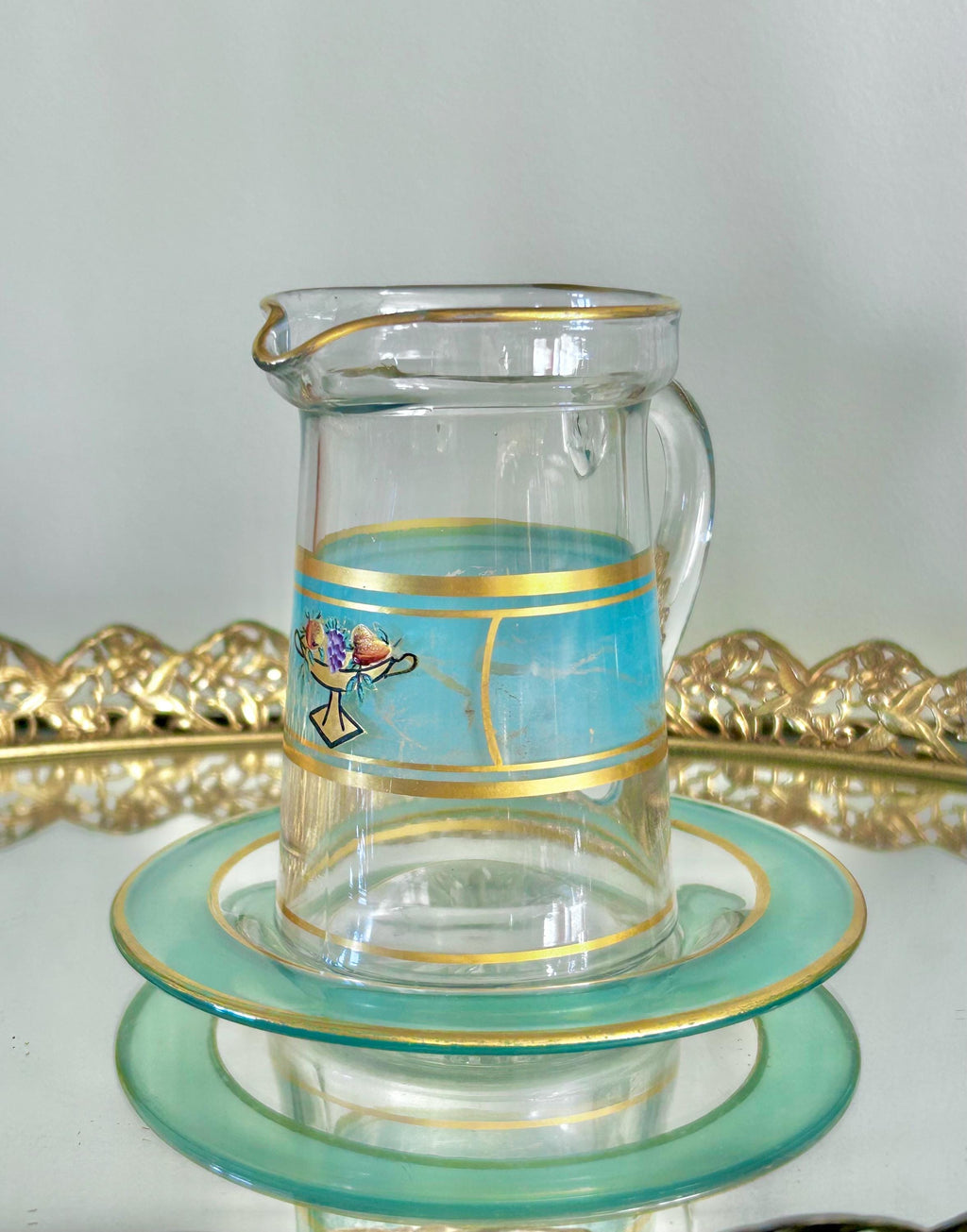 Vintage Hand-painted Small Glass Pitcher/Creamer with Under-plate, Blue and Gold Trim