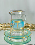 Vintage Hand-painted Small Glass Pitcher/Creamer with Under-plate, Blue and Gold Trim