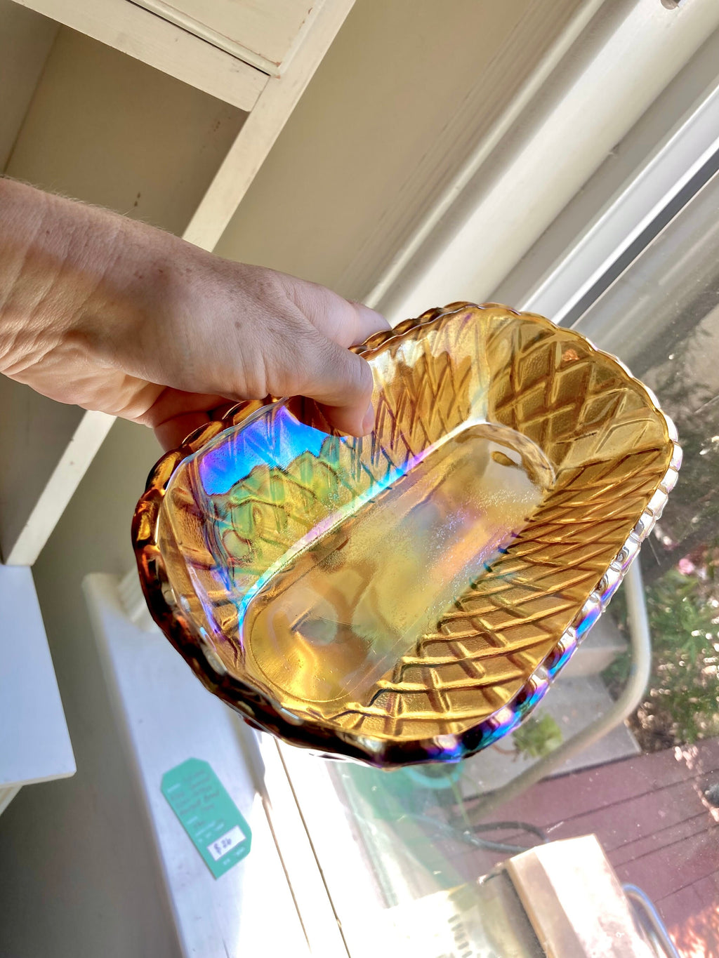 Vintage Amber Carnival Glass Bread Bowl: Indiana Glass Lattice Basketweave