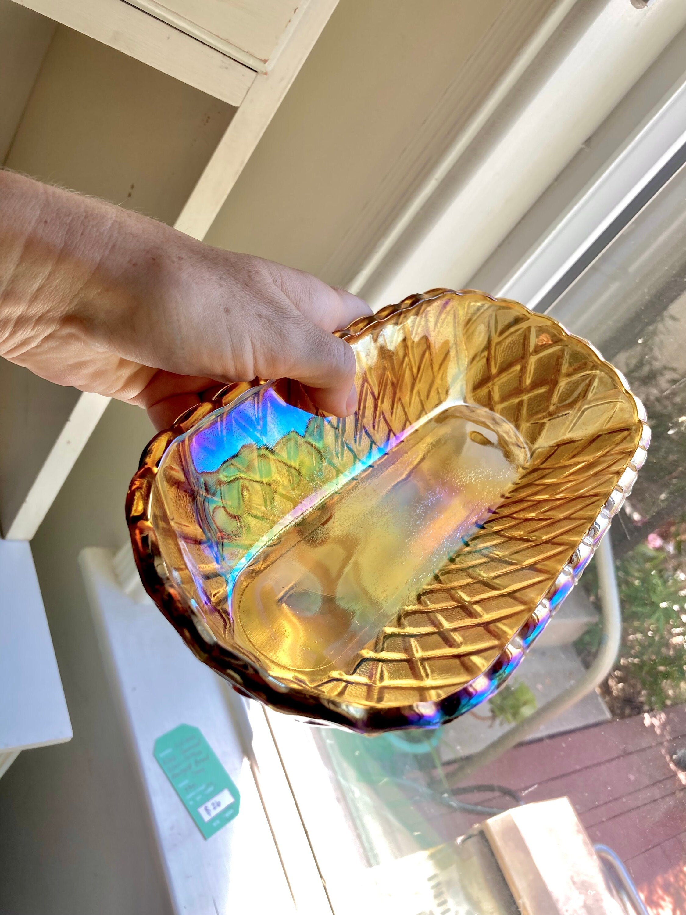 Vintage Amber Carnival Glass Bread Bowl: Indiana Glass Lattice Basketweave