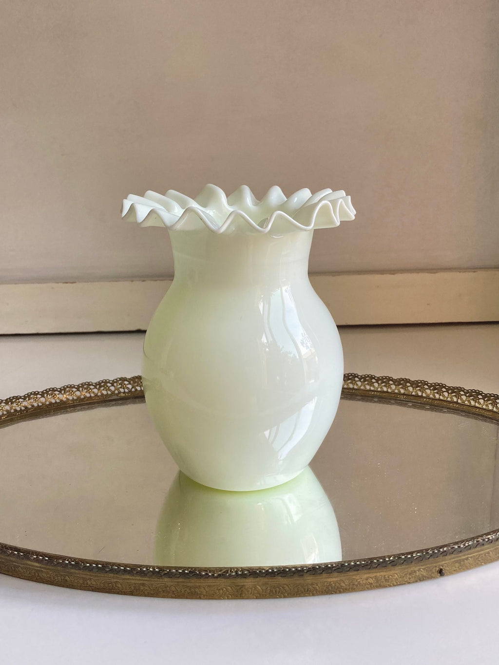 Vintage Blown Milk Glass, Crimped Rim Vase - Portugal
