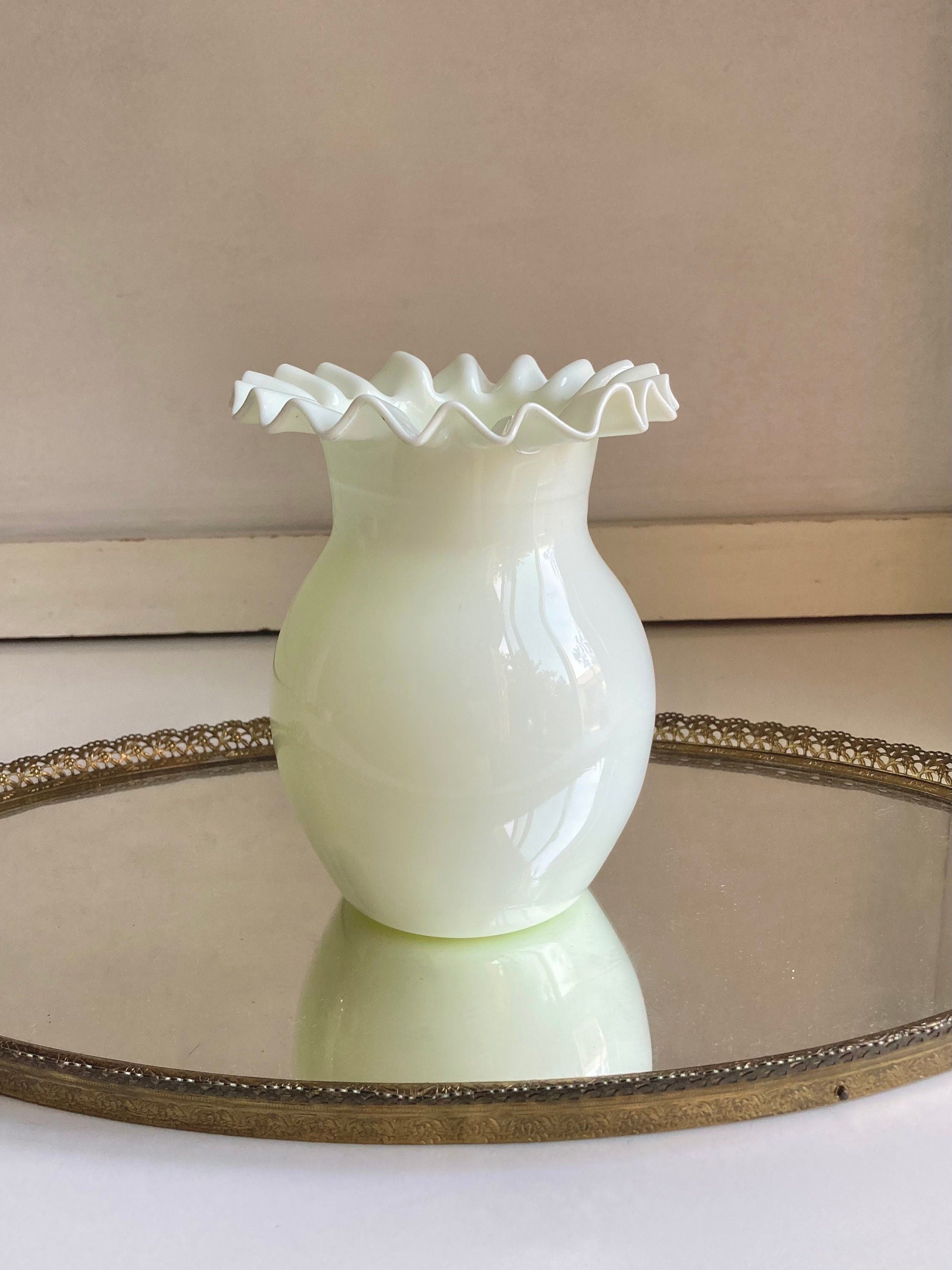 Vintage Blown Milk Glass, Crimped Rim Vase - Portugal