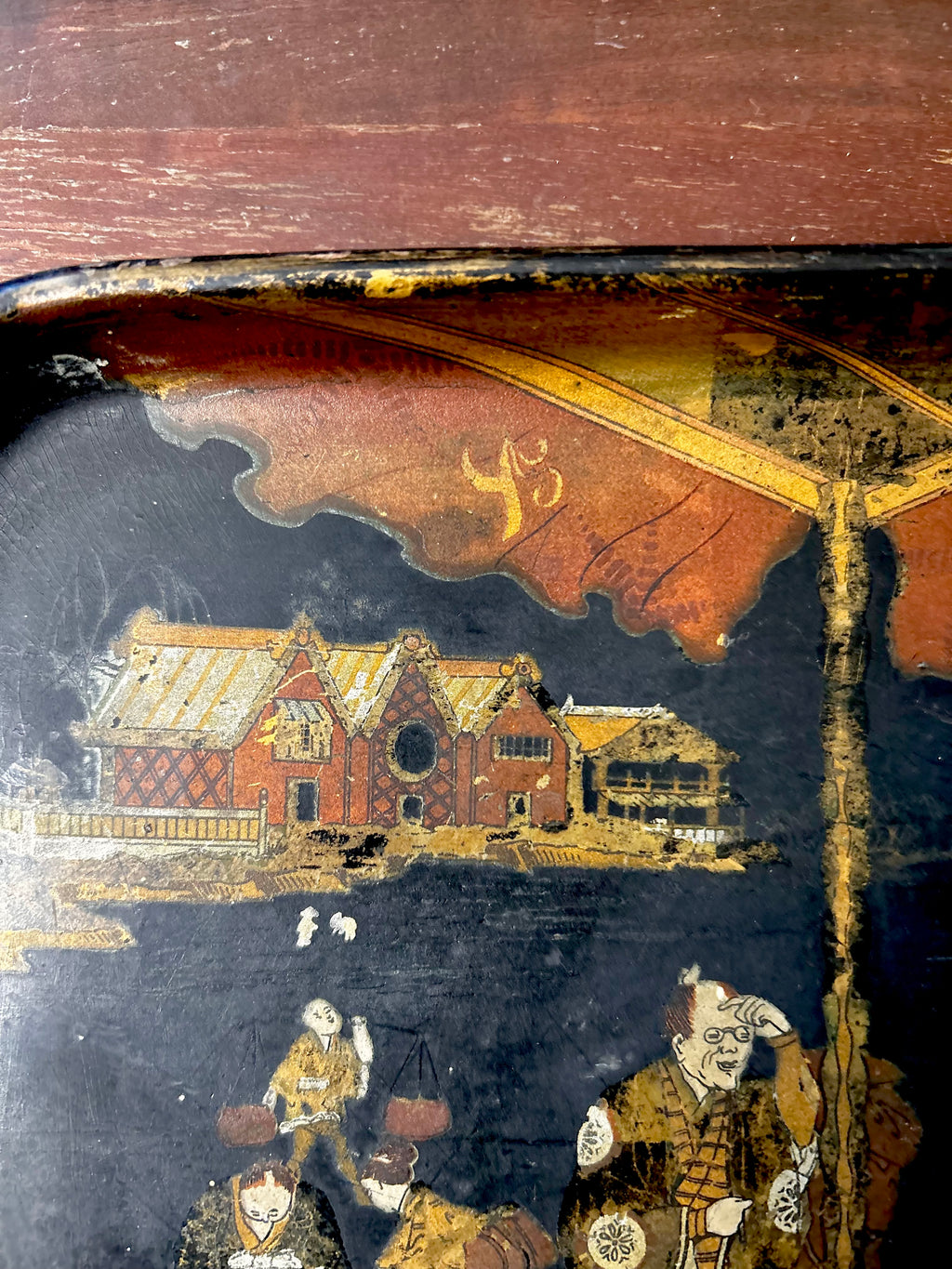 Antique 19th Century English Papier Mache Tray Chinoiserie Motif