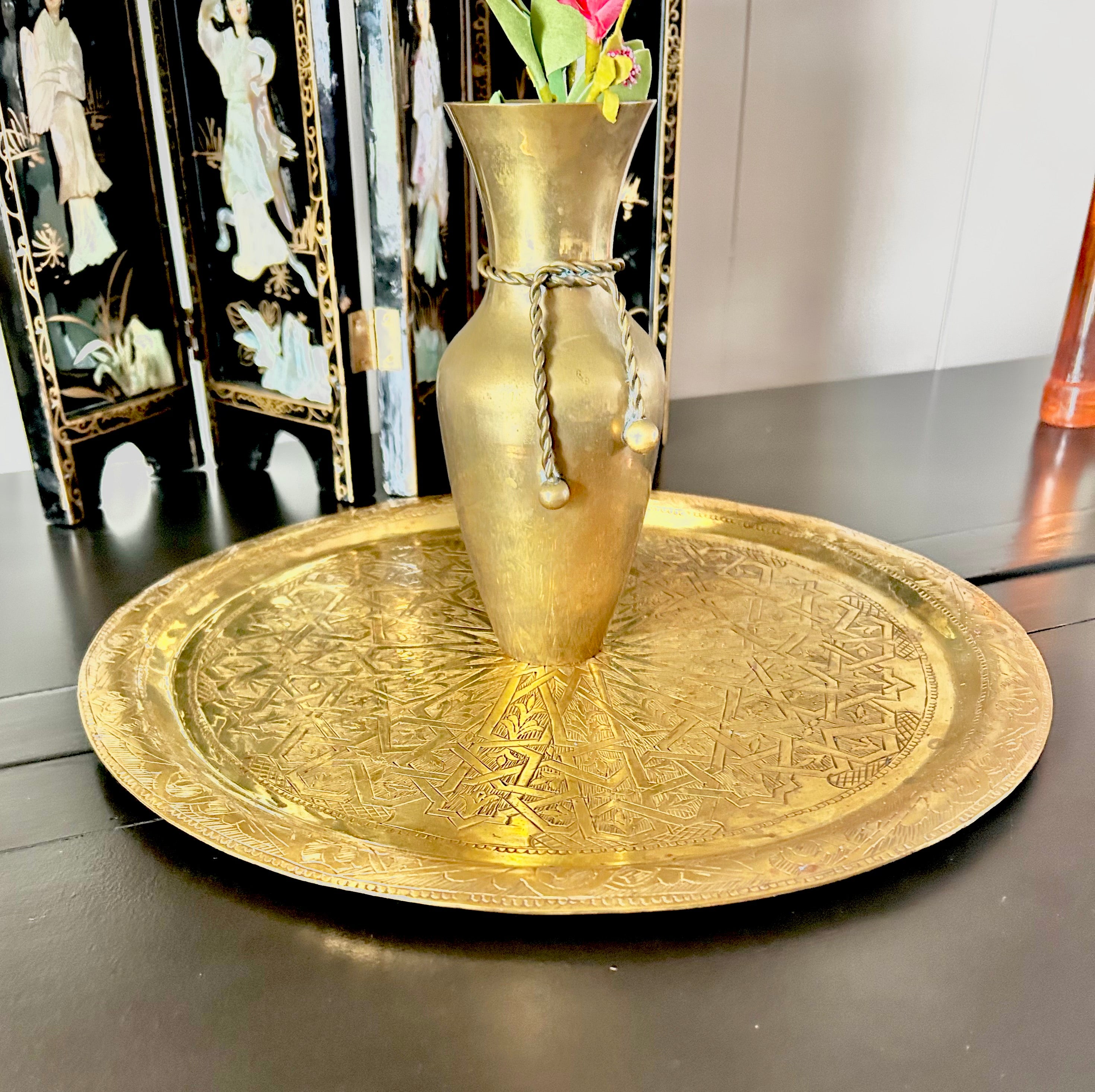 Vintage Solid Brass Round Tray with Moroccan Motif