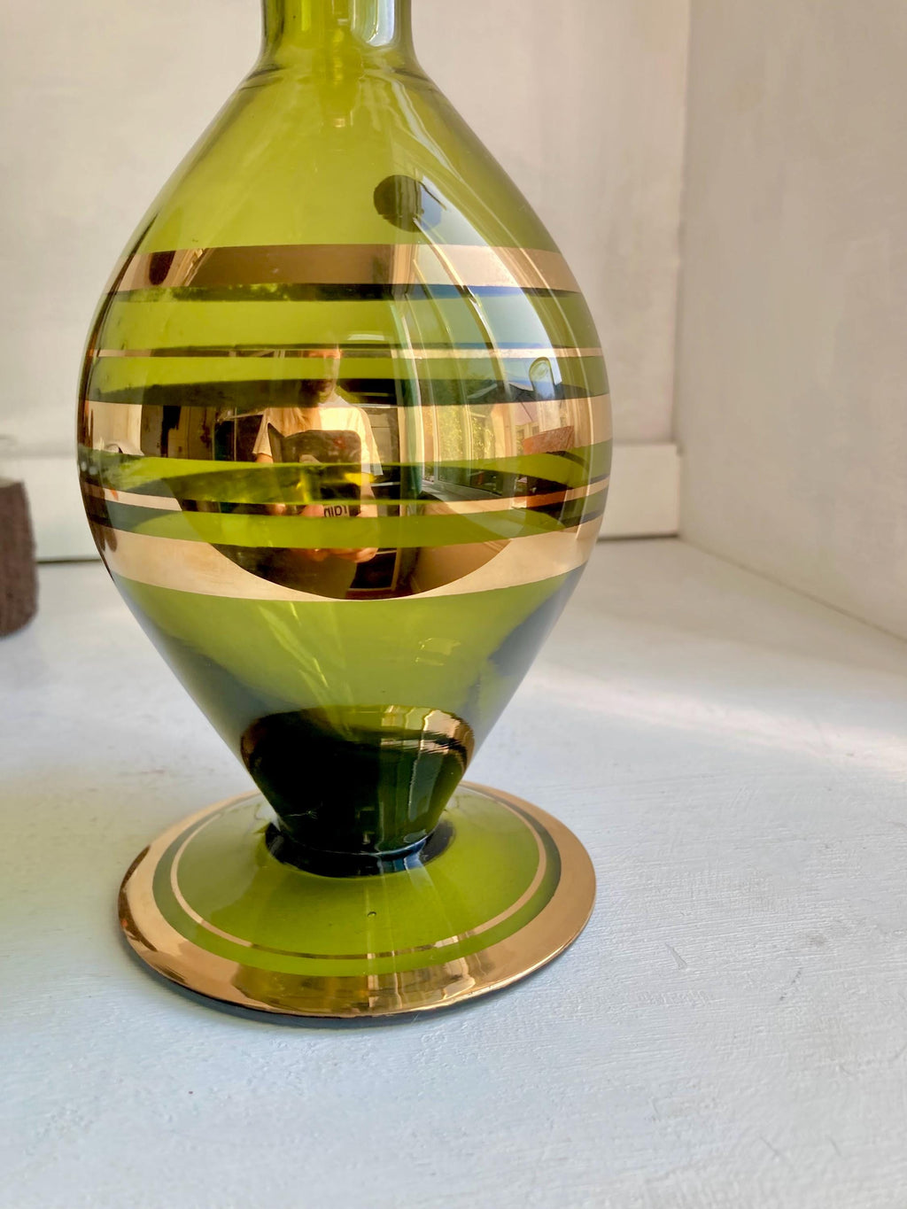 Vintage Blown Green Glass Decanter: Teardrop Stopper, Gold Trim