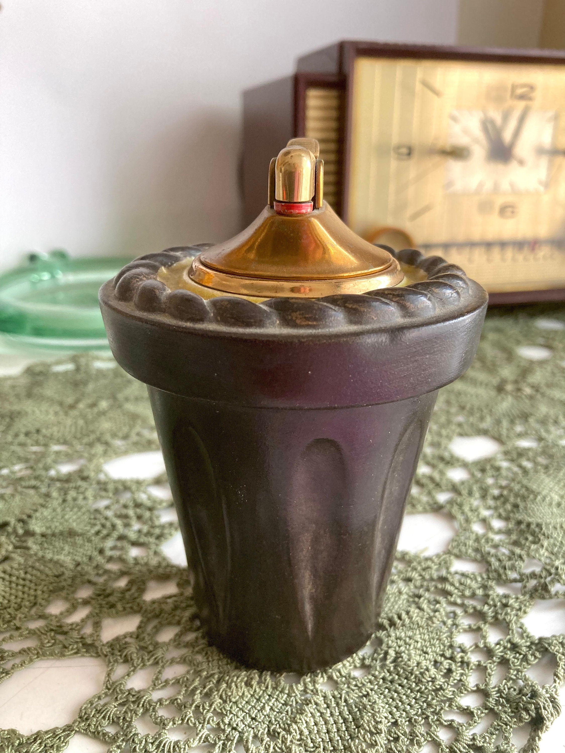 Vintage MCM Evans Table Lighter: Brown Ceramic & Brass Rope Pattern