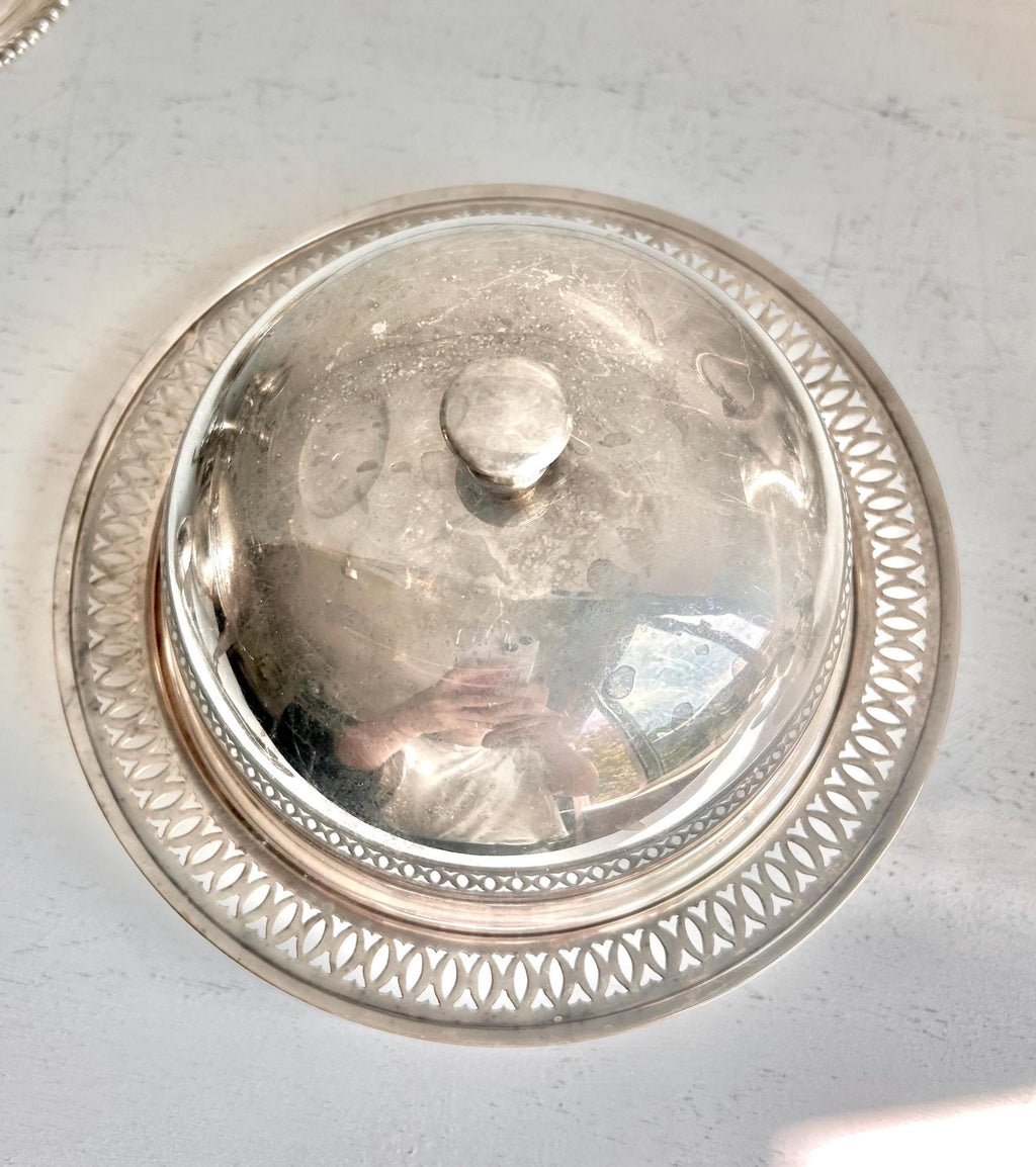 Vintage WMA Rogers Silver Plated Covered Dish: 3-Piece Condiment Server