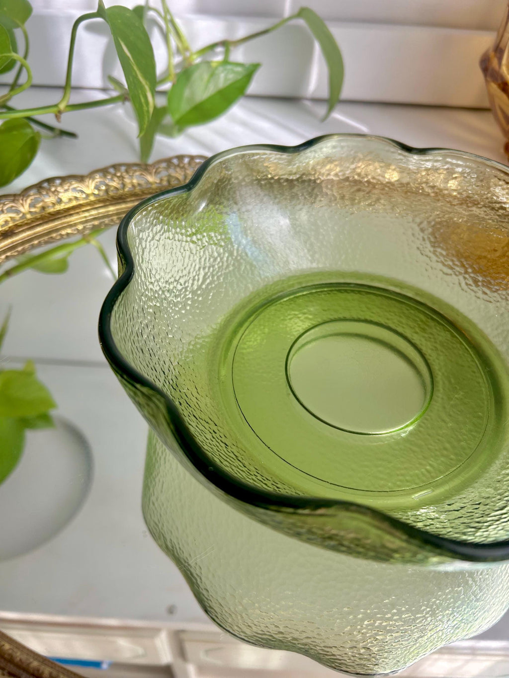 Vintage Hazel Atlas Green Glass Bowl: Pebblestone Ruffle Rim