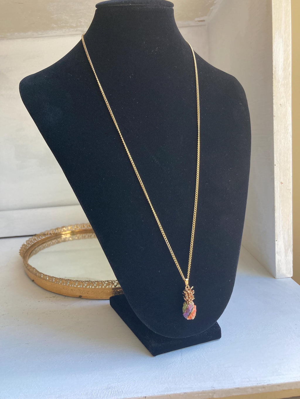 Vintage Semi-precious Stone Encrusted Pineapple Gold-tone Pendant on Long 24-inch gold-tone Chain