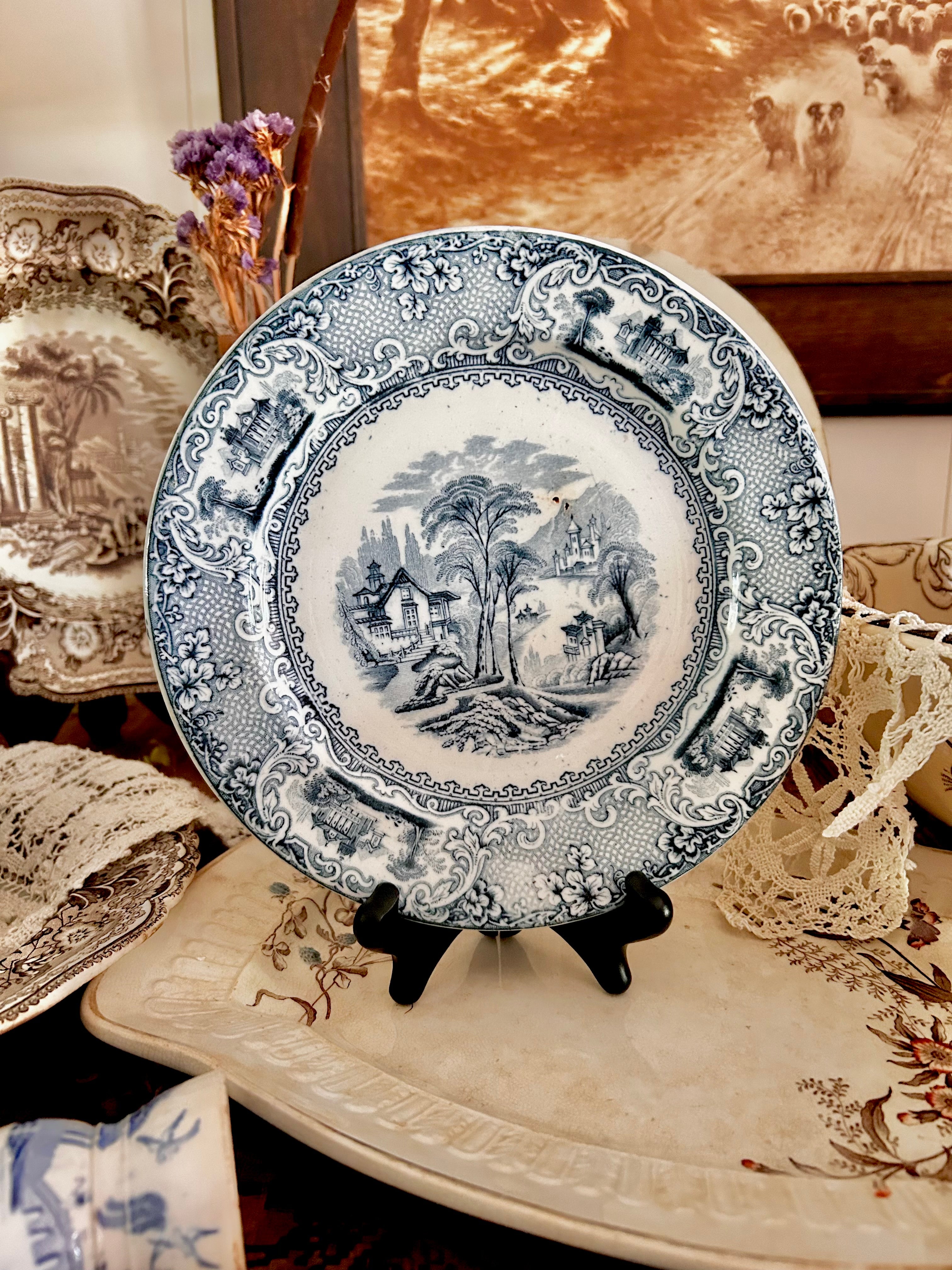 Antique Stained Worn Ironstone Transferware Dishes