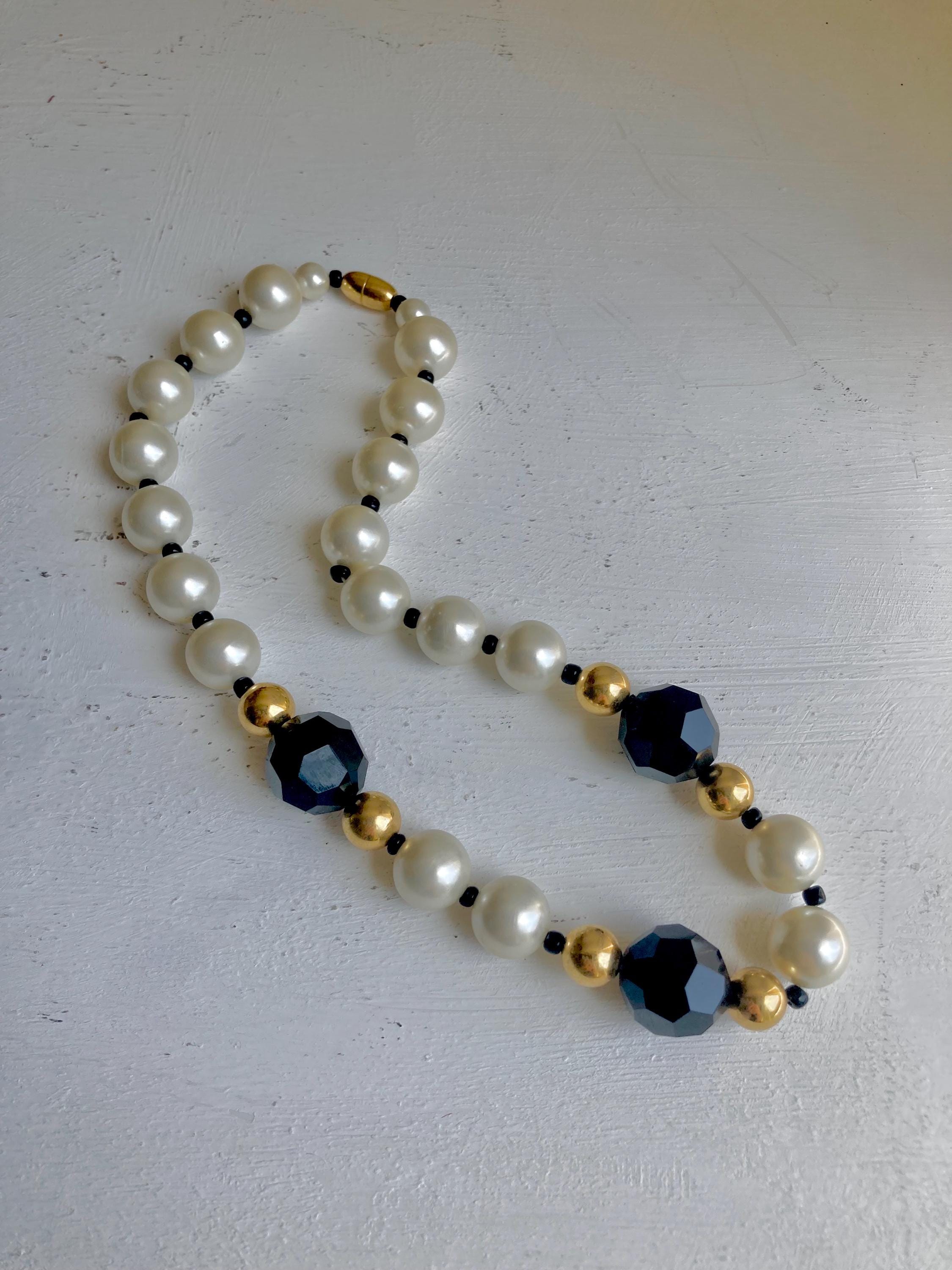 1980s AVON Beaded Necklace: Faux Pearls & Black Beads