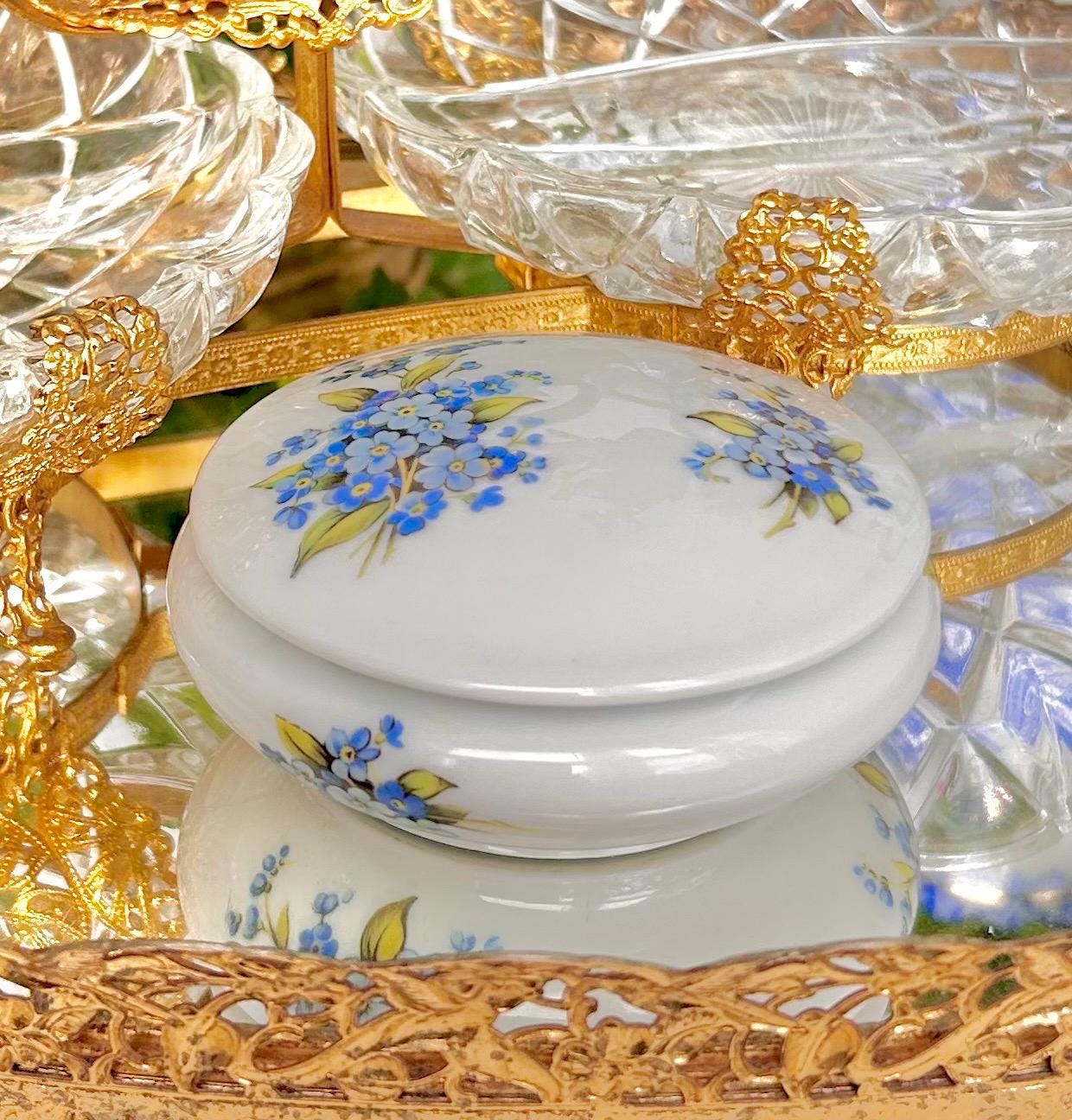 Vintage Limoges Rochard Porcelain Trinket Dish with Lid, Forget-me-not Floral Pattern