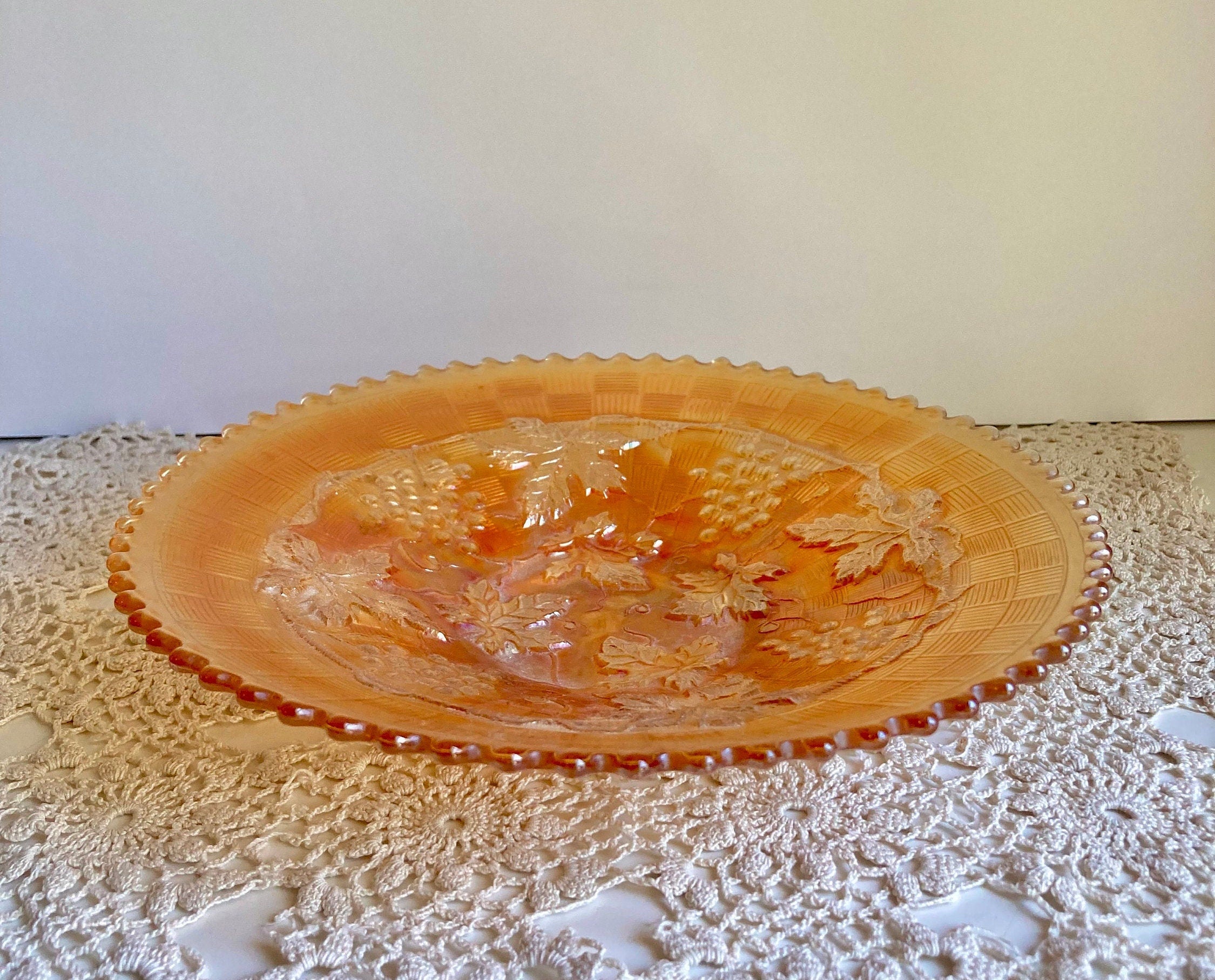 Antique Northwood Grape & Cable Basket weave Marigold Carnival Glass Plate with Sawtooth edge 9”