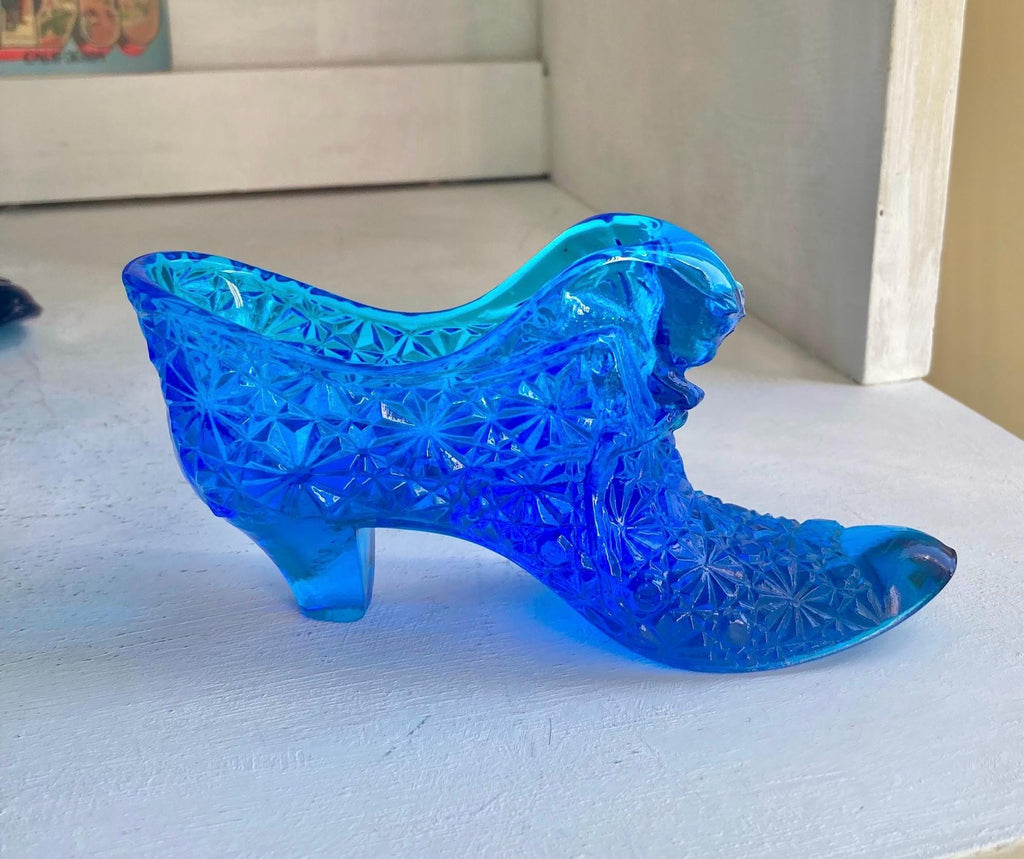 Vintage Blue Glass Slippers: Fenton, LE Smith, Hobnail, Daisy Button