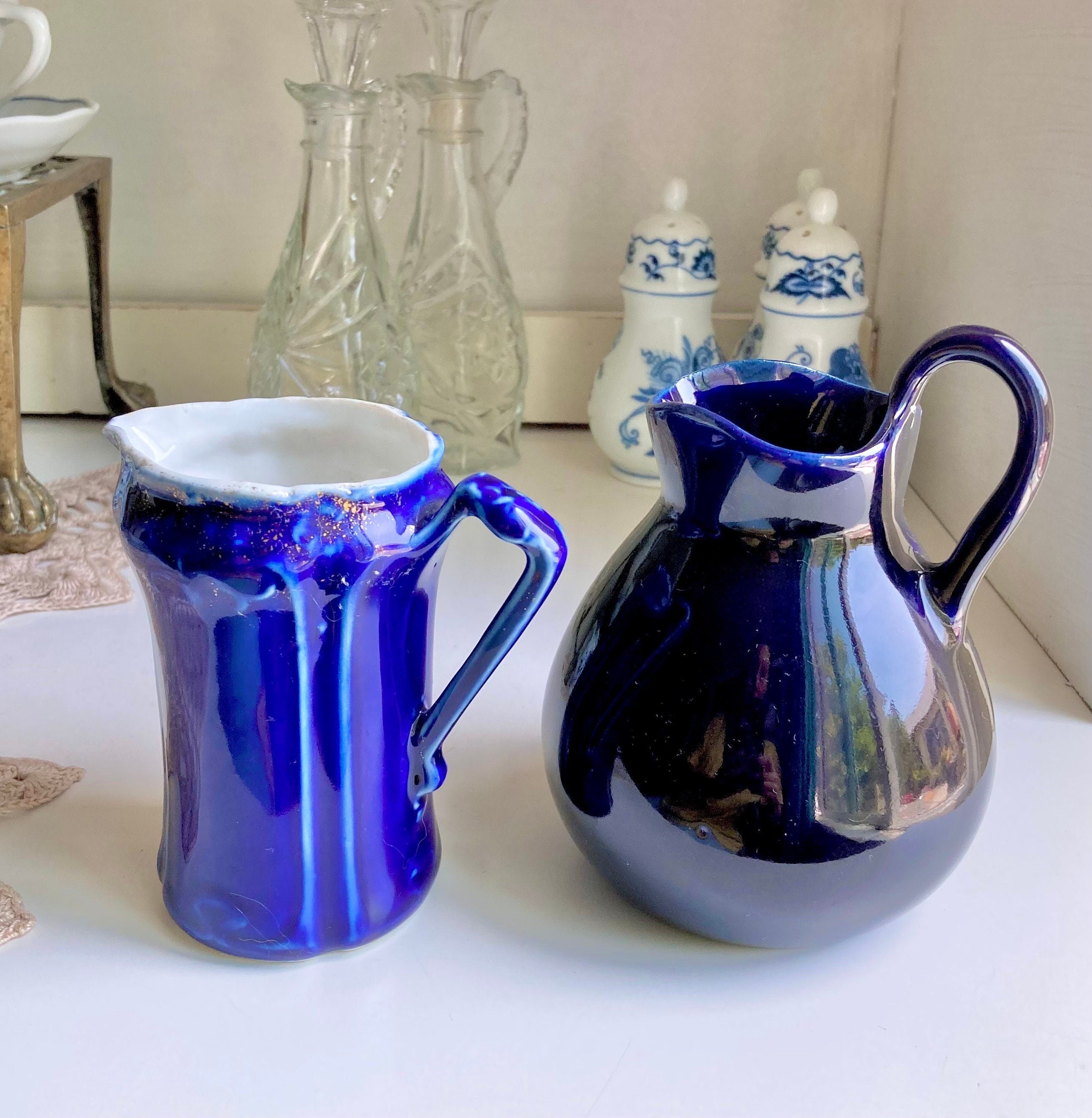Antique Blue Ceramic Creamer Pitcher: Flow Blue or Cobalt, Choice