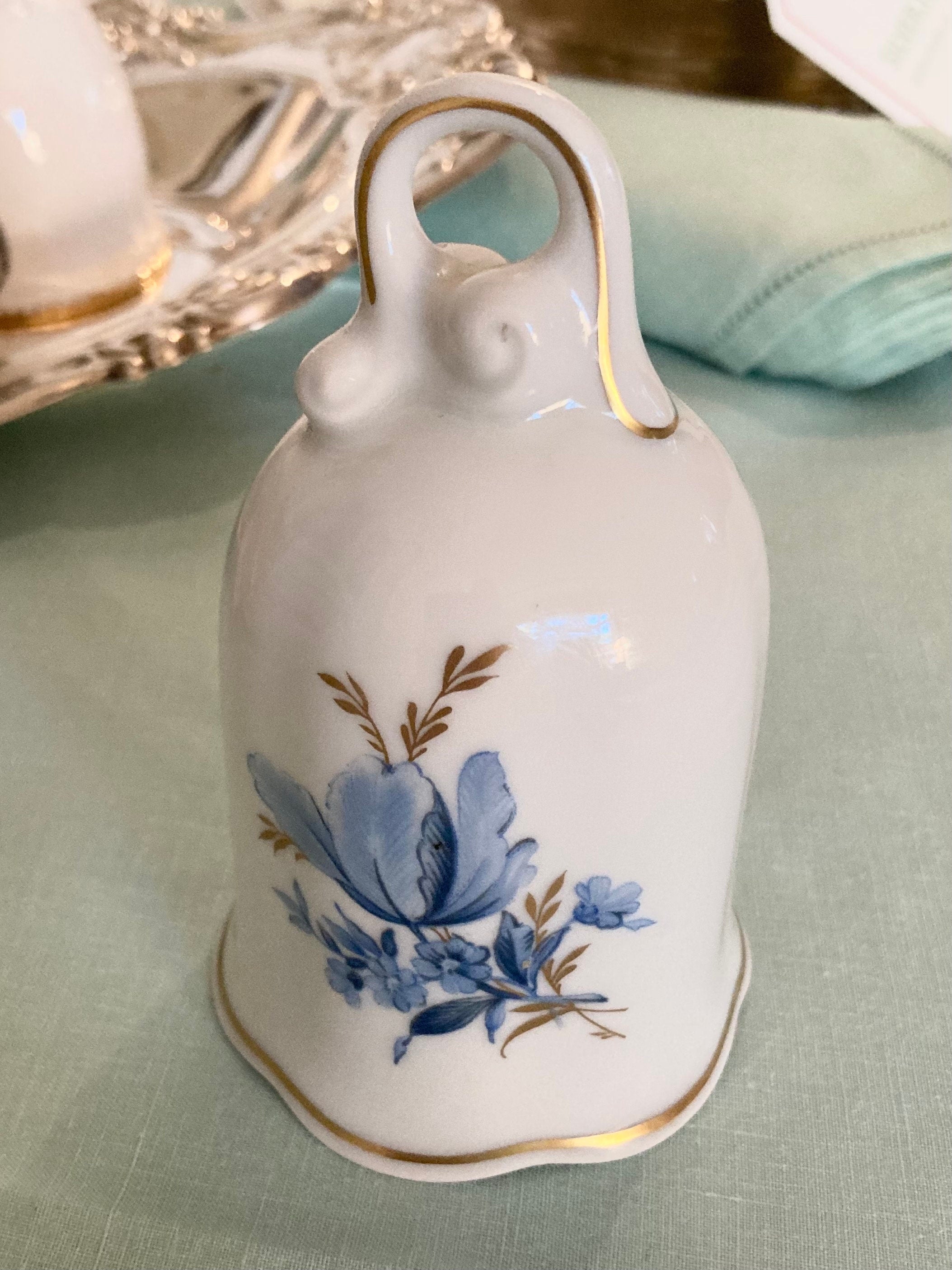 Vintage Porcelain Bell - Blue Flowers on White - gold trim