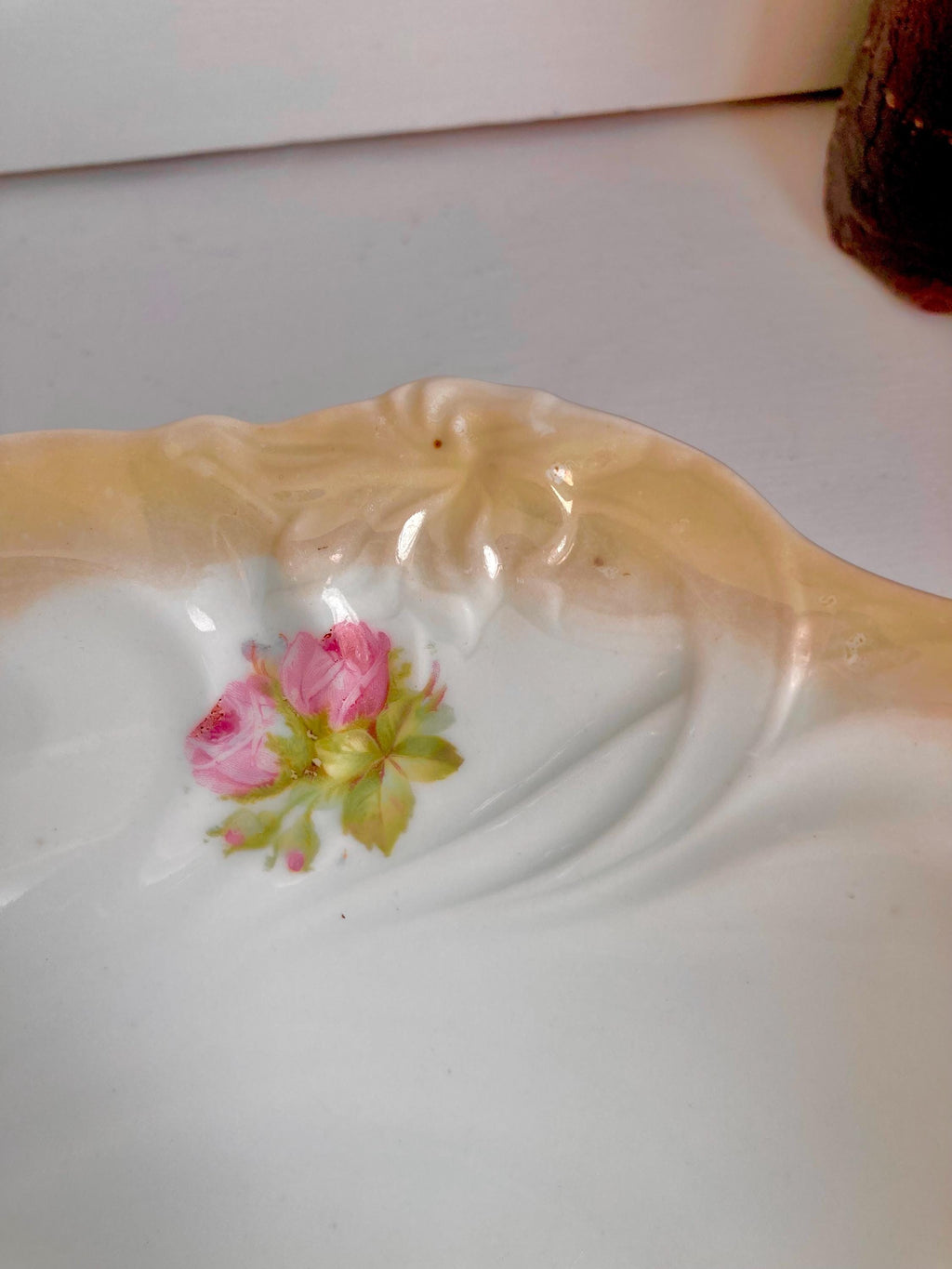 Vintage Bavarian Porcelain Bowl: Floral Appliqué, Luster Ruffled Rim
