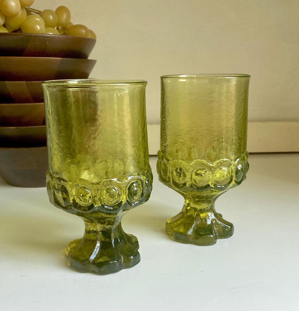 MCM Avocado Green Glass Tiffin Madeira Footed Tumblers - Thick Textured Goblets - SOLD INDIVIDUALLY