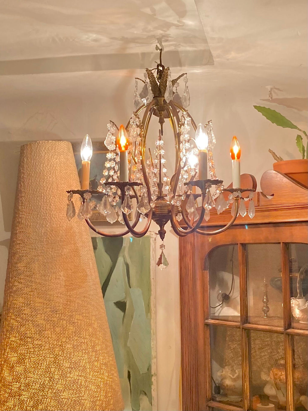 Vintage 1970s Brass and Cut Glass 6-Lamp Opulent Chandelier - Made in Spain