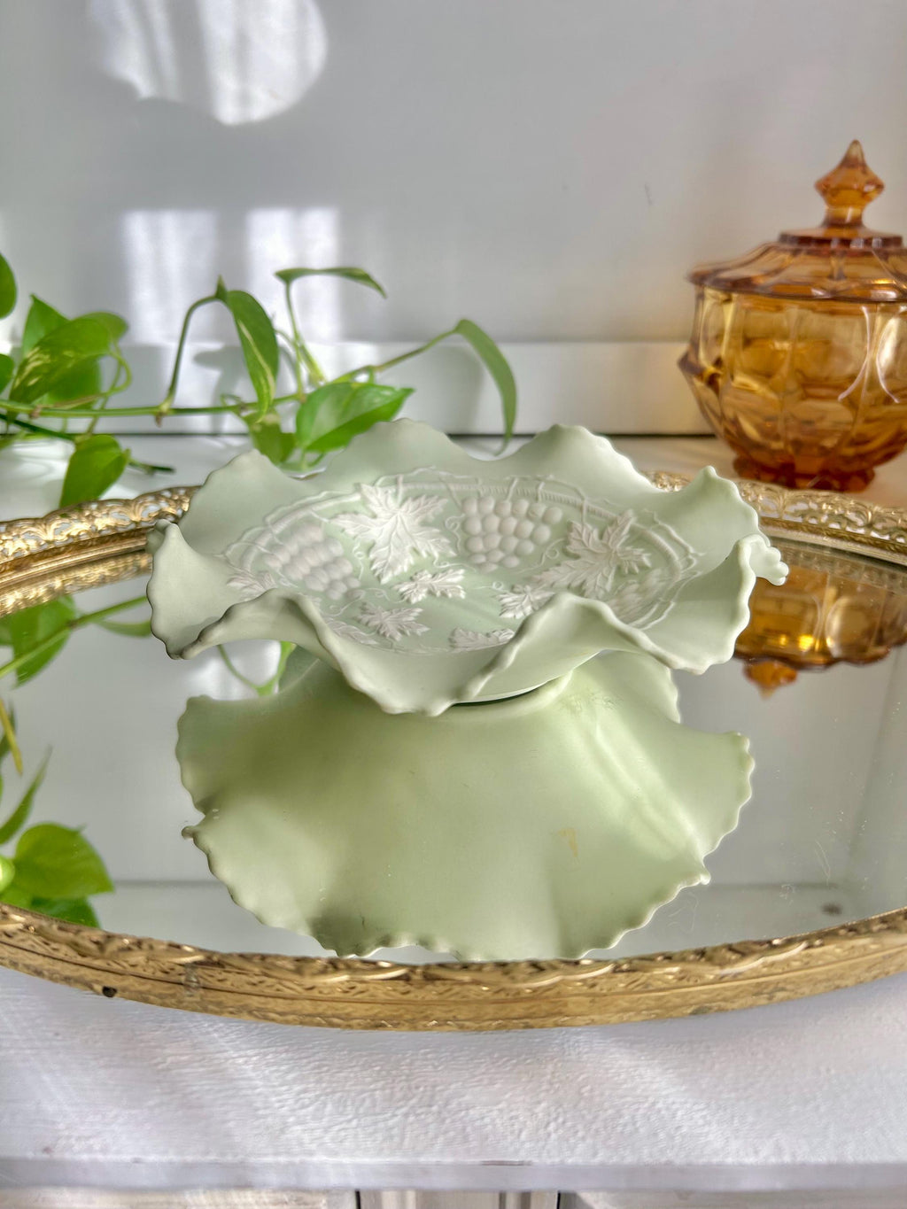 Vintage Bisque Ruffled Bowl: Pale Green Grape Vine Pattern