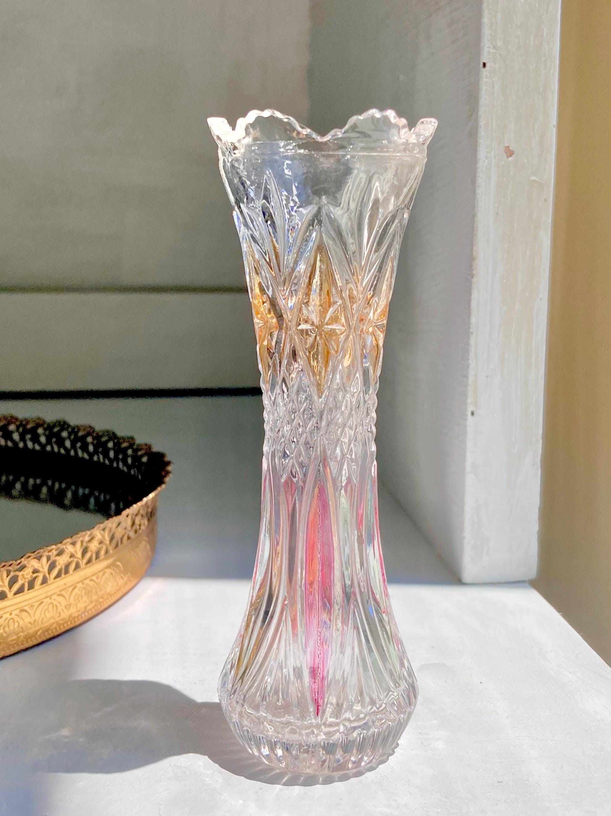Vintage Pressed Glass Bud Vase - Fluted Ruffled Rim, Diamond Cut