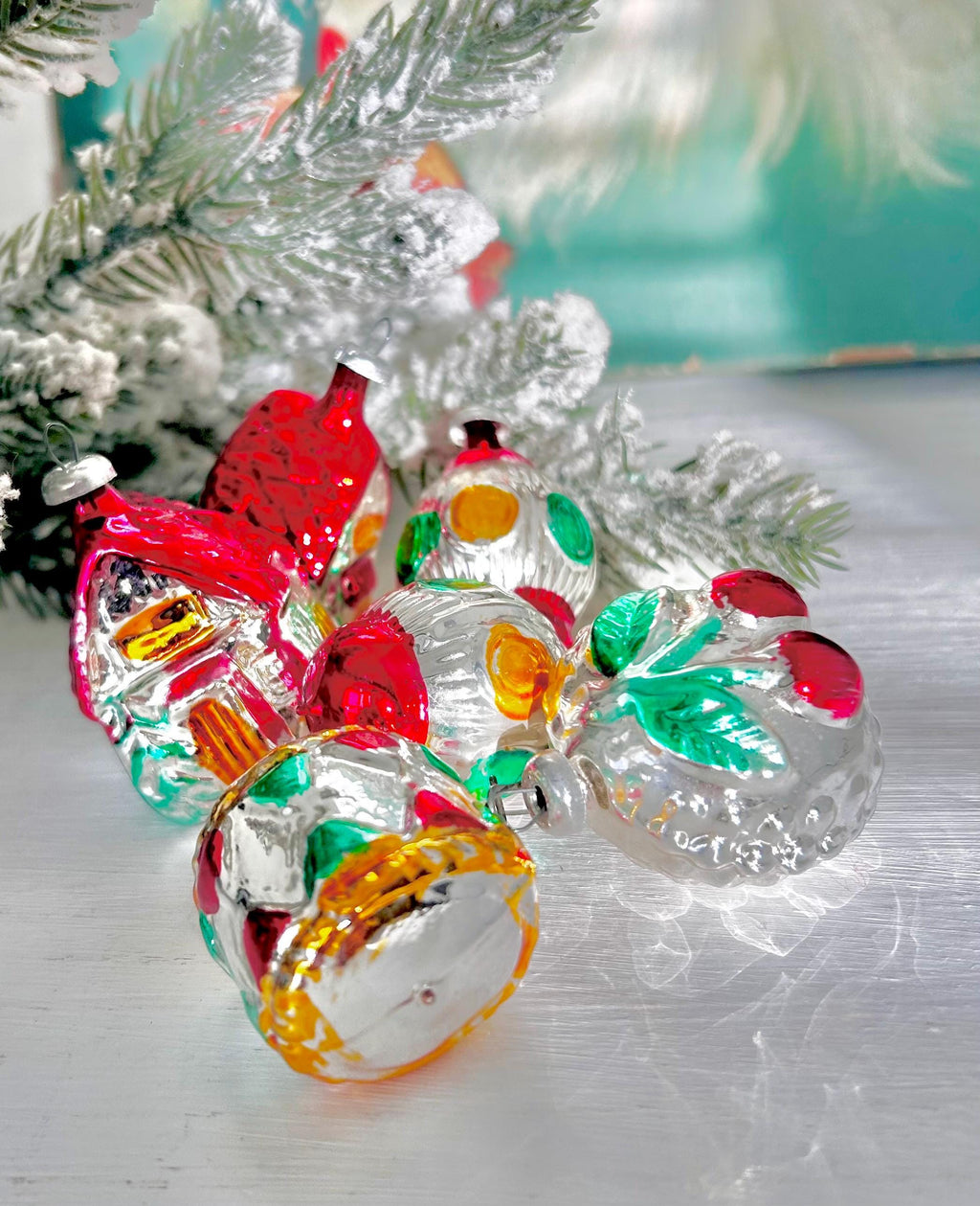 Set of Six Miniature Silvered Glass Ornaments West Germany