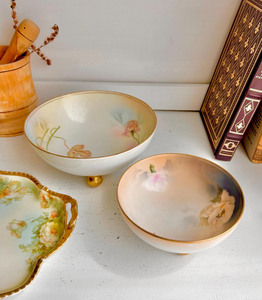 Antique Royal Rudolstadt Prussia Porcelain Bowls: Hand-Painted Rose Floral, Gilt Footed - Set of 2