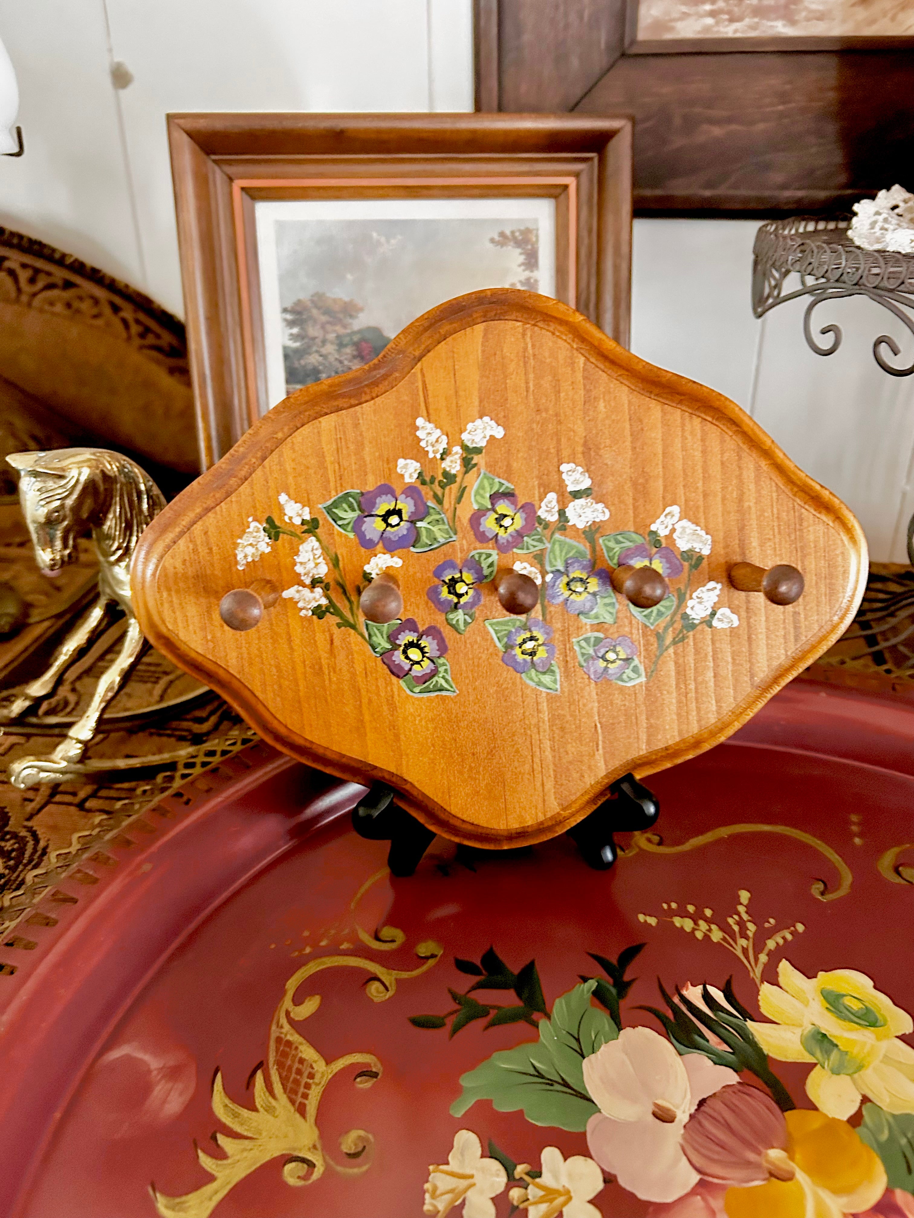 Small Vintage Wooden Wall Hanger with Handpainted Flowers