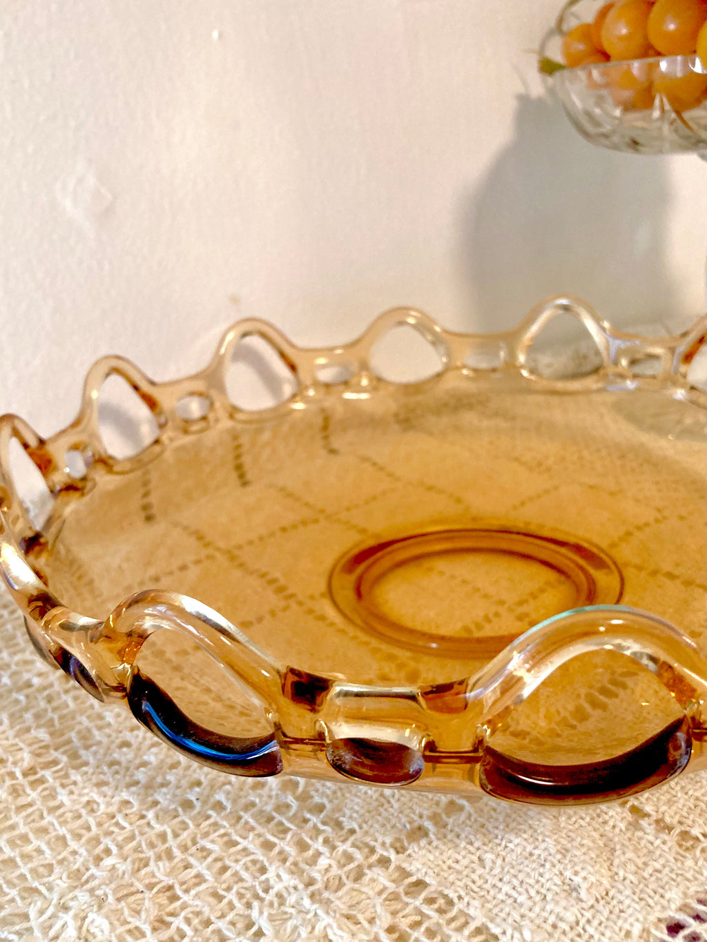 Fostoria Amber Glass 11" Console Bowl - Open Lace Edge Pattern #2320 - circa 1930